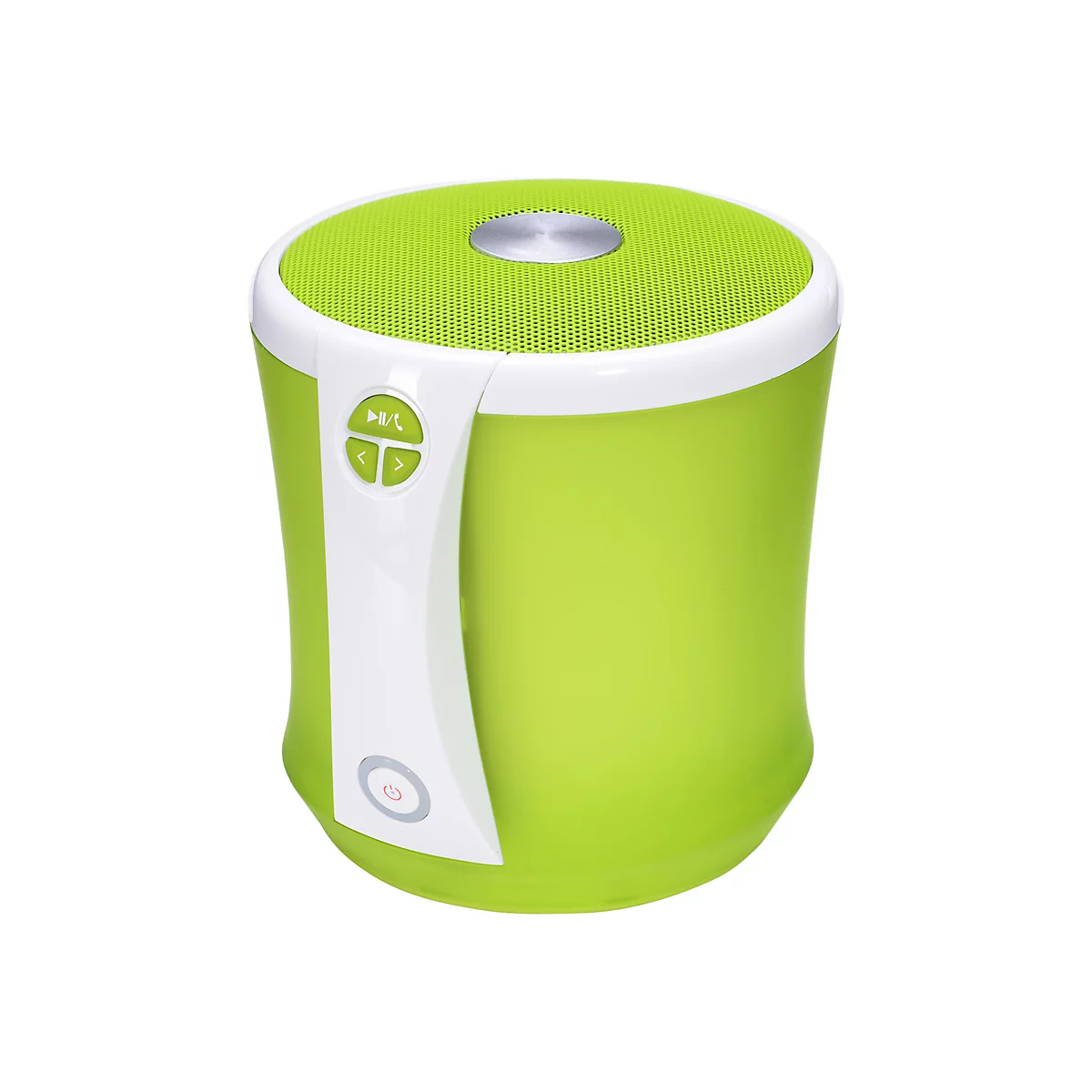 Grüner, zylinderförmiger Bluetooth-Lautsprecher, mit weißer Zierleiste, Bedienelementen und weißem Power-Button.