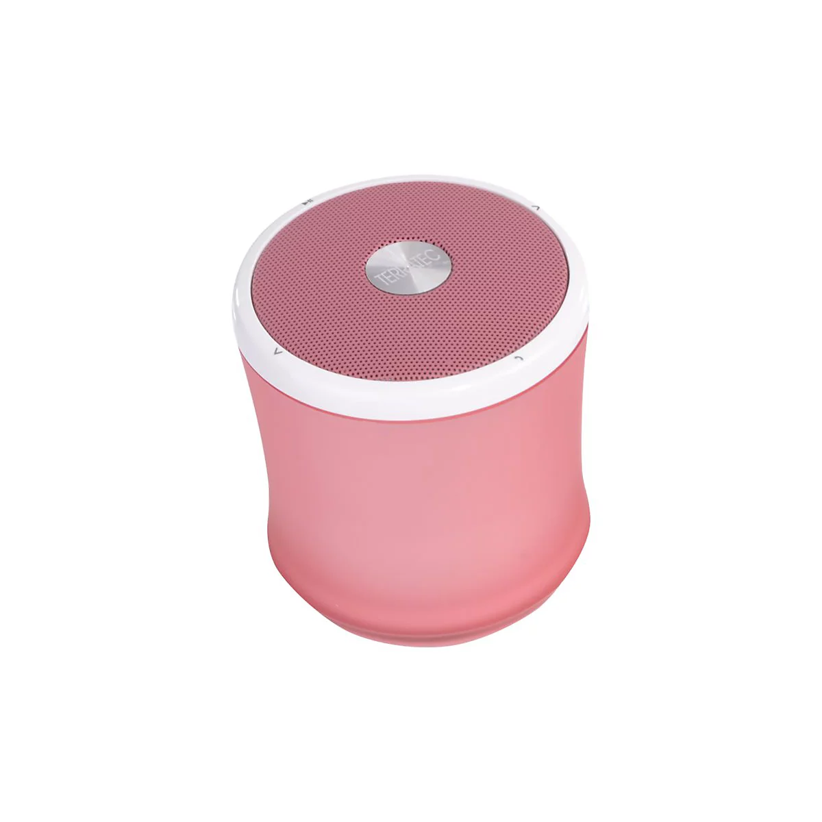 Runder, rosafarbener Lautsprecher mit weiÃŸem Rand und silbernem Knopf.