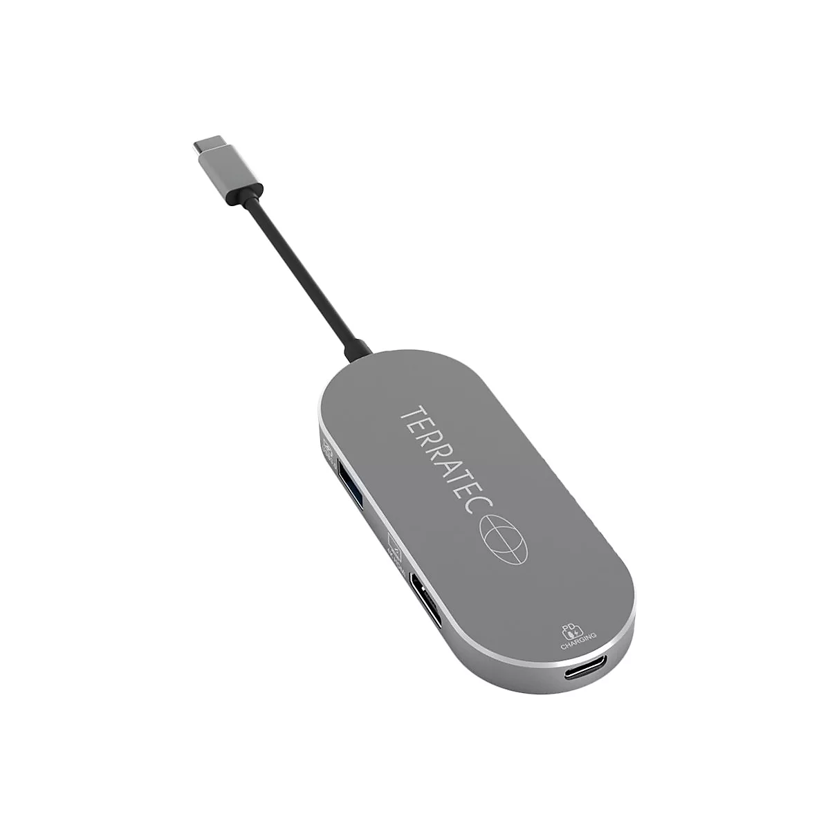 Grauer Terratec USB-C Hub, verbunden mit einem schwarzen Kabel und einem USB-C Stecker, auf weiÃŸem Hintergrund.