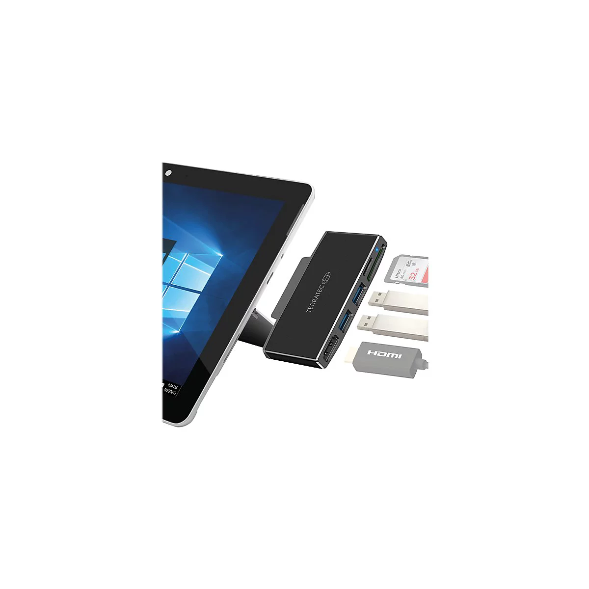 Schwarzer USB-C Hub, angeschlossen an Tablet. Gezeigt werden auch SD-Karte, USB-Adapter und HDMI-Adapter.