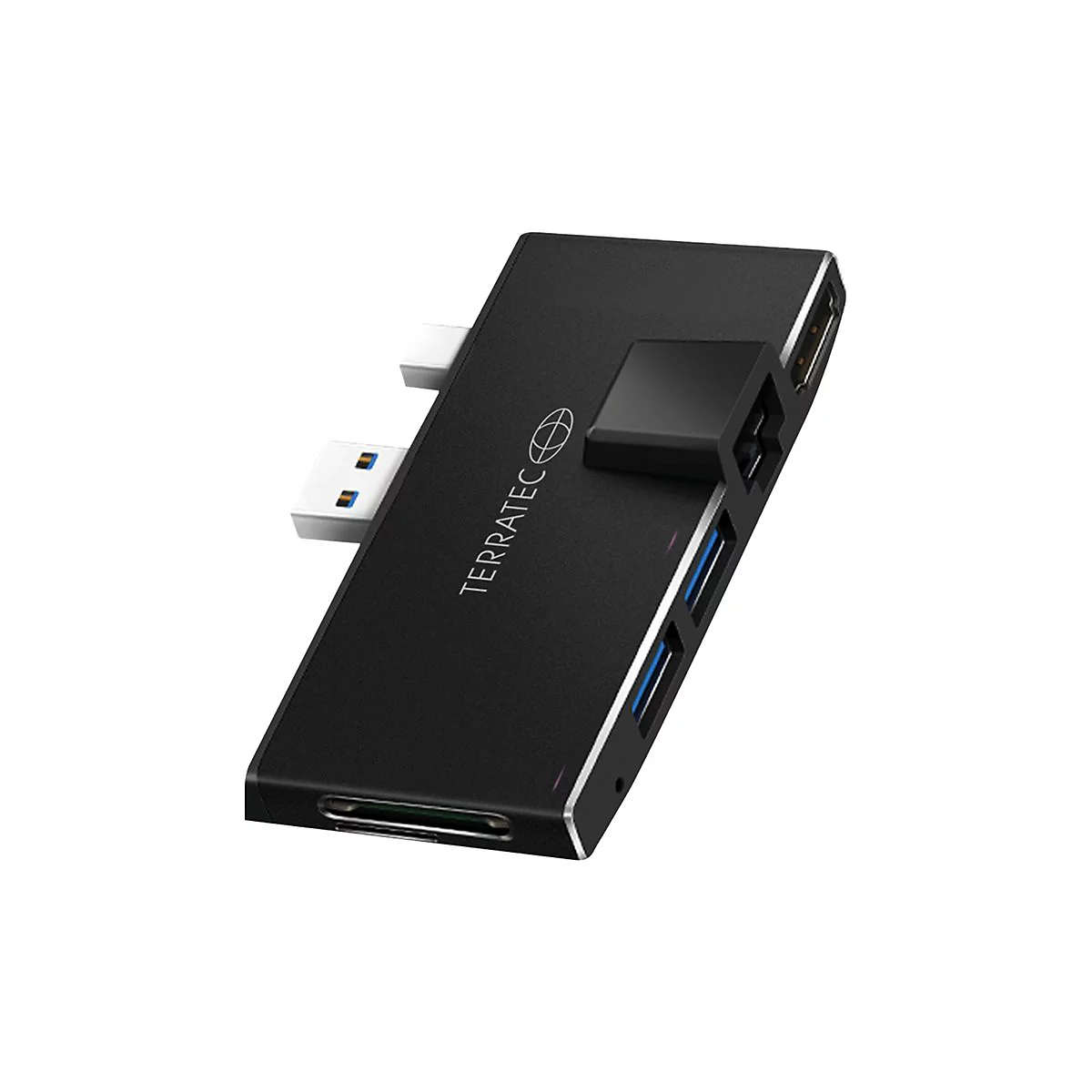 Schwarzer USB-C Hub mit AnschlÃ¼ssen fÃ¼r verschiedene GerÃ¤te. Aufschrift: TERRATEC.