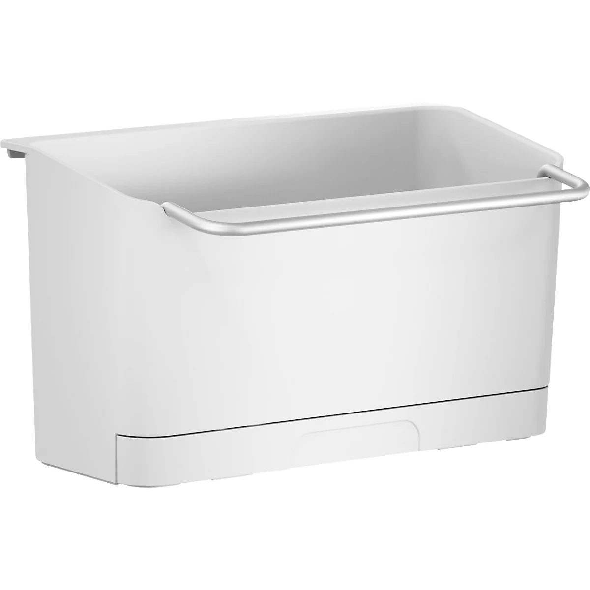Panier de rangement blanc avec poignée métallique incurvée. Forme rectangulaire, dessus ouvert.