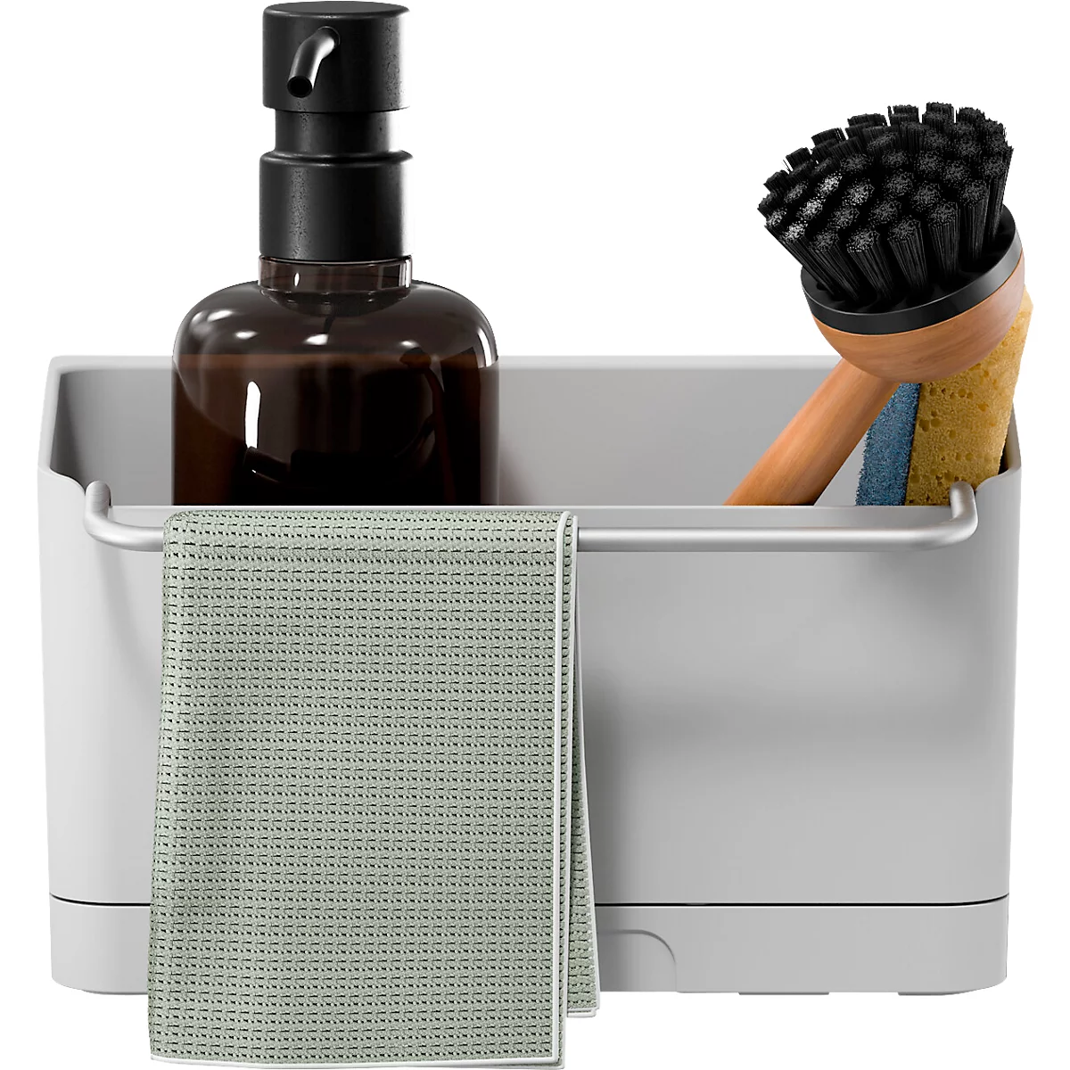 Organisateur de cuisine gris avec brosse à vaisselle, distributeur de savon, torchon.