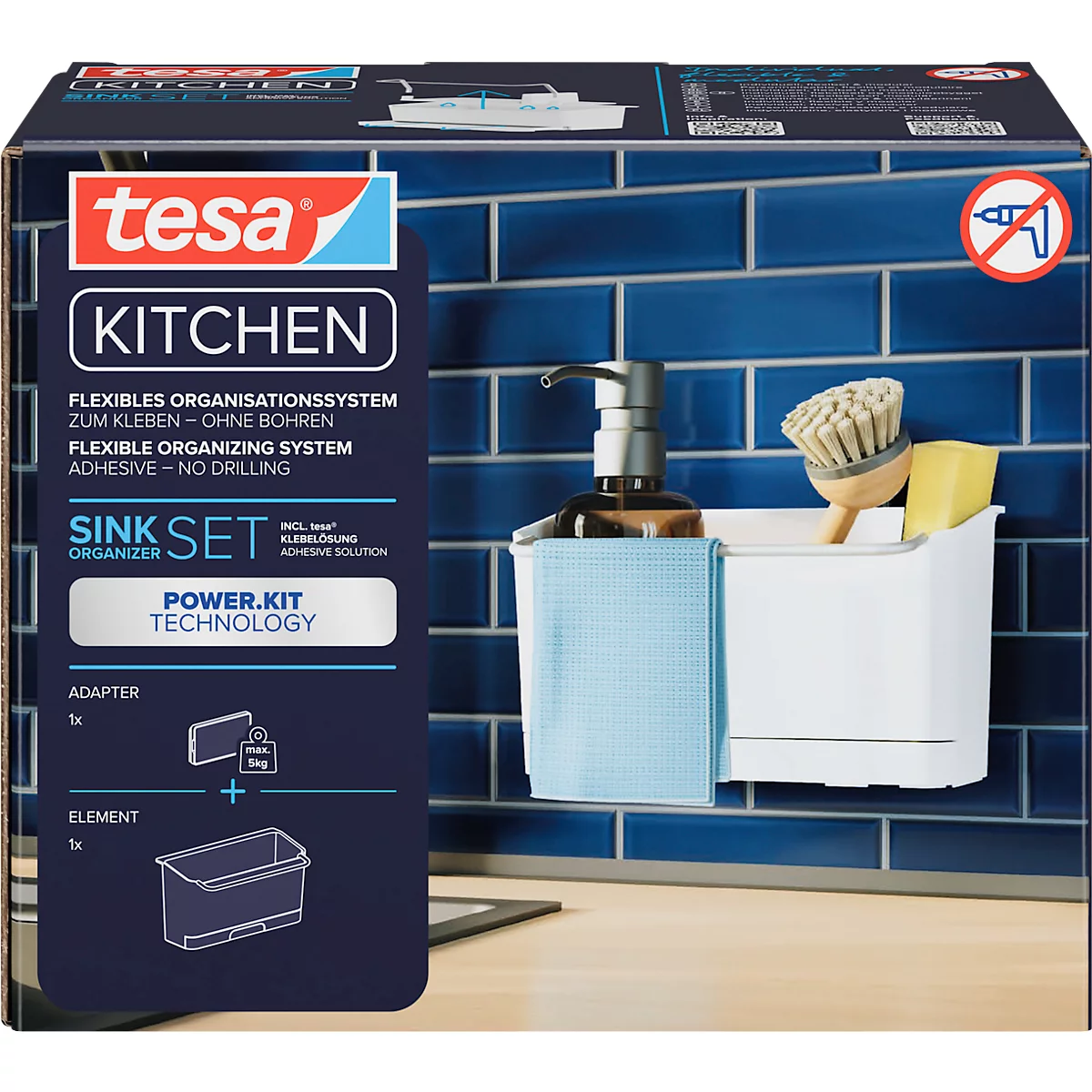 Système d'organisation de cuisine avec ensemble évier, distributeur de savon, brosse, éponge et chiffon de nettoyage. Le fond montre des carreaux bleus.