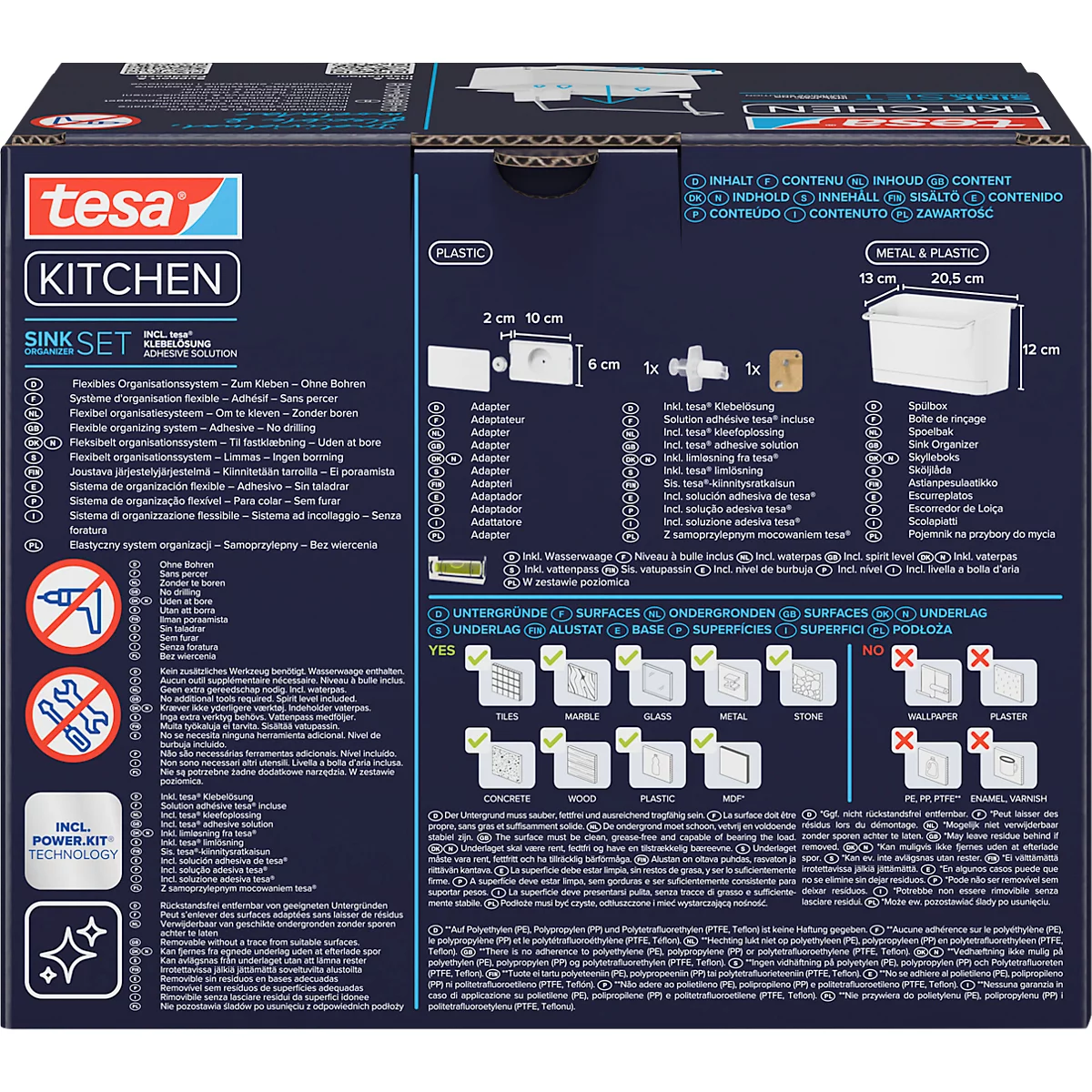 Dos d'un emballage tesa KITCHEN SINK SET avec illustrations et informations sur le produit.