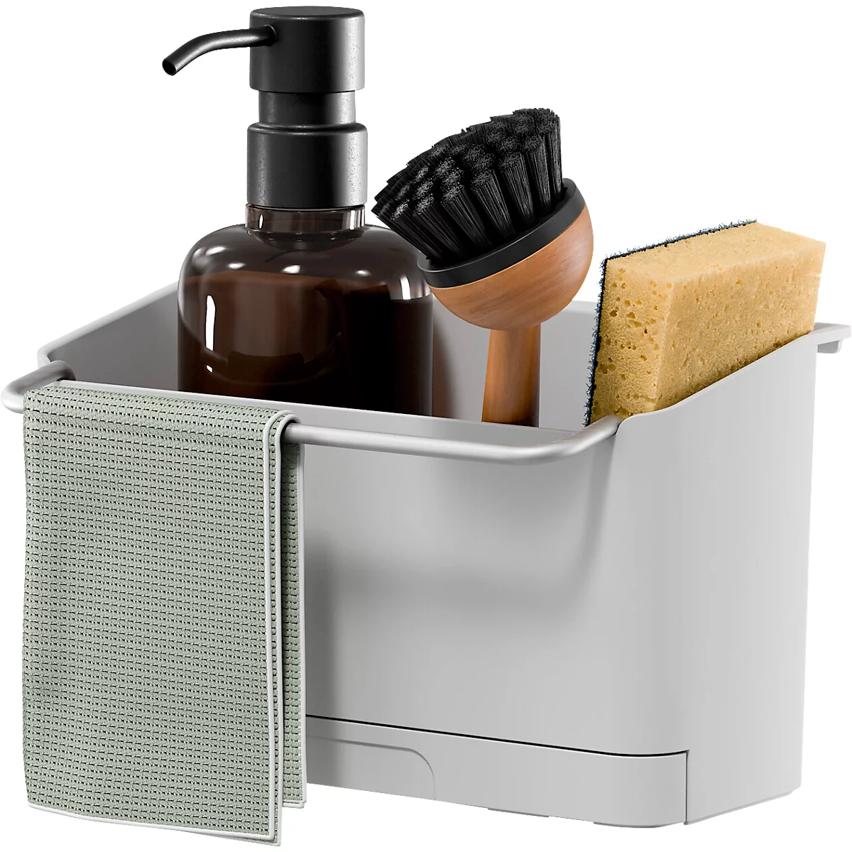 Organisateur d'évier gris avec liquide vaisselle, brosse à vaisselle, éponge et chiffon.