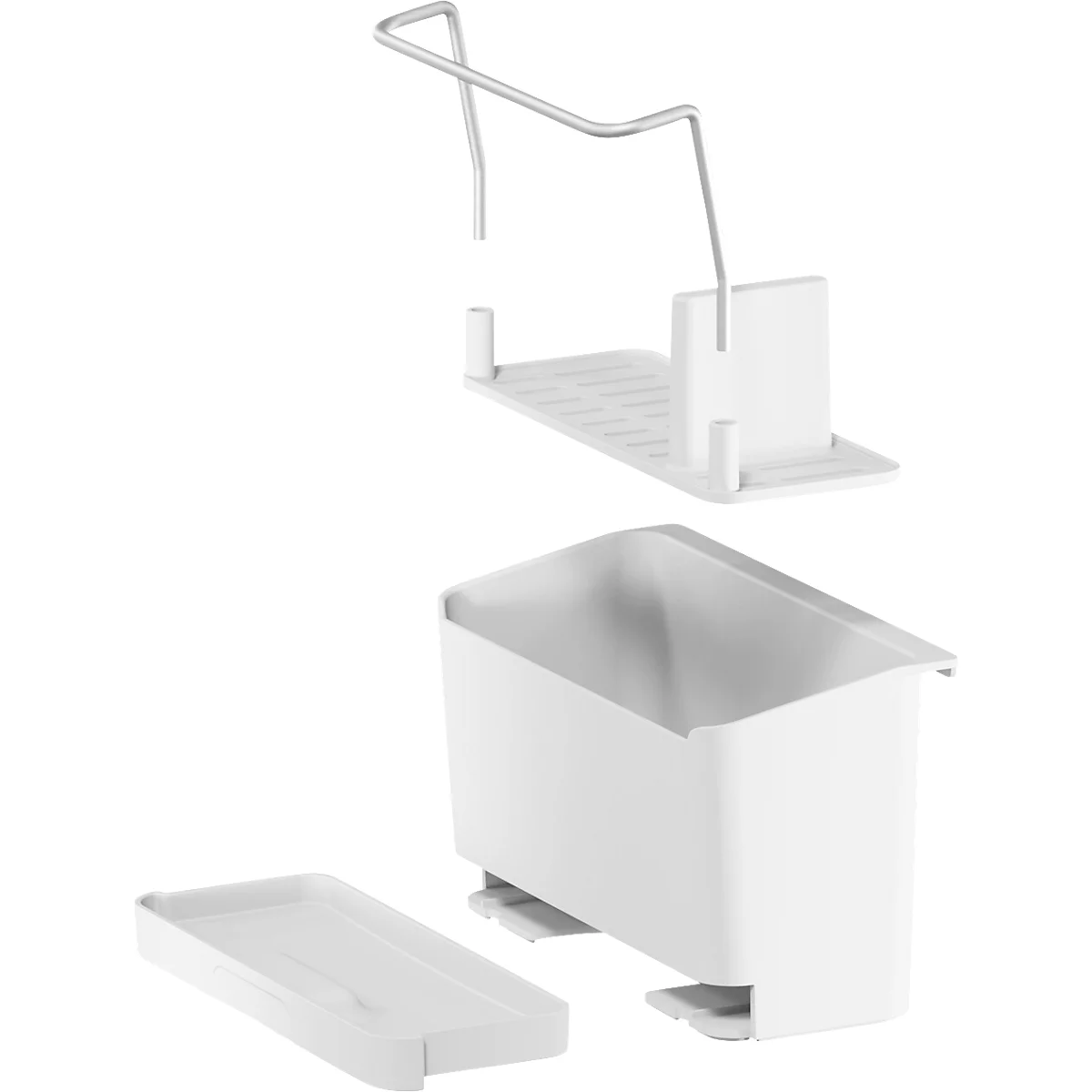 Pièces de réfrigérateur démontées: tiroir blanc, étagère, support. Vue détaillée mettant l'accent sur la structure et la conception des composants.