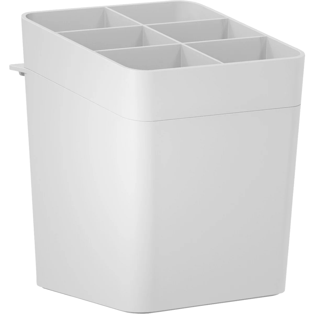 Conteneur blanc avec six compartiments, disposés en biais.