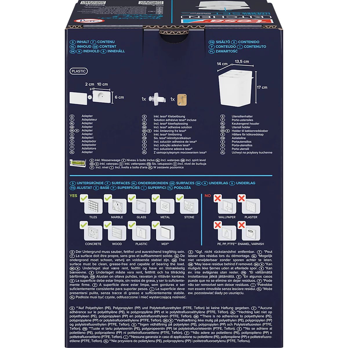 Dos d'un emballage de produit. Des graphiques affichent les composants, les dimensions et l'adéquation des surfaces, telles que les carreaux ou le métal.