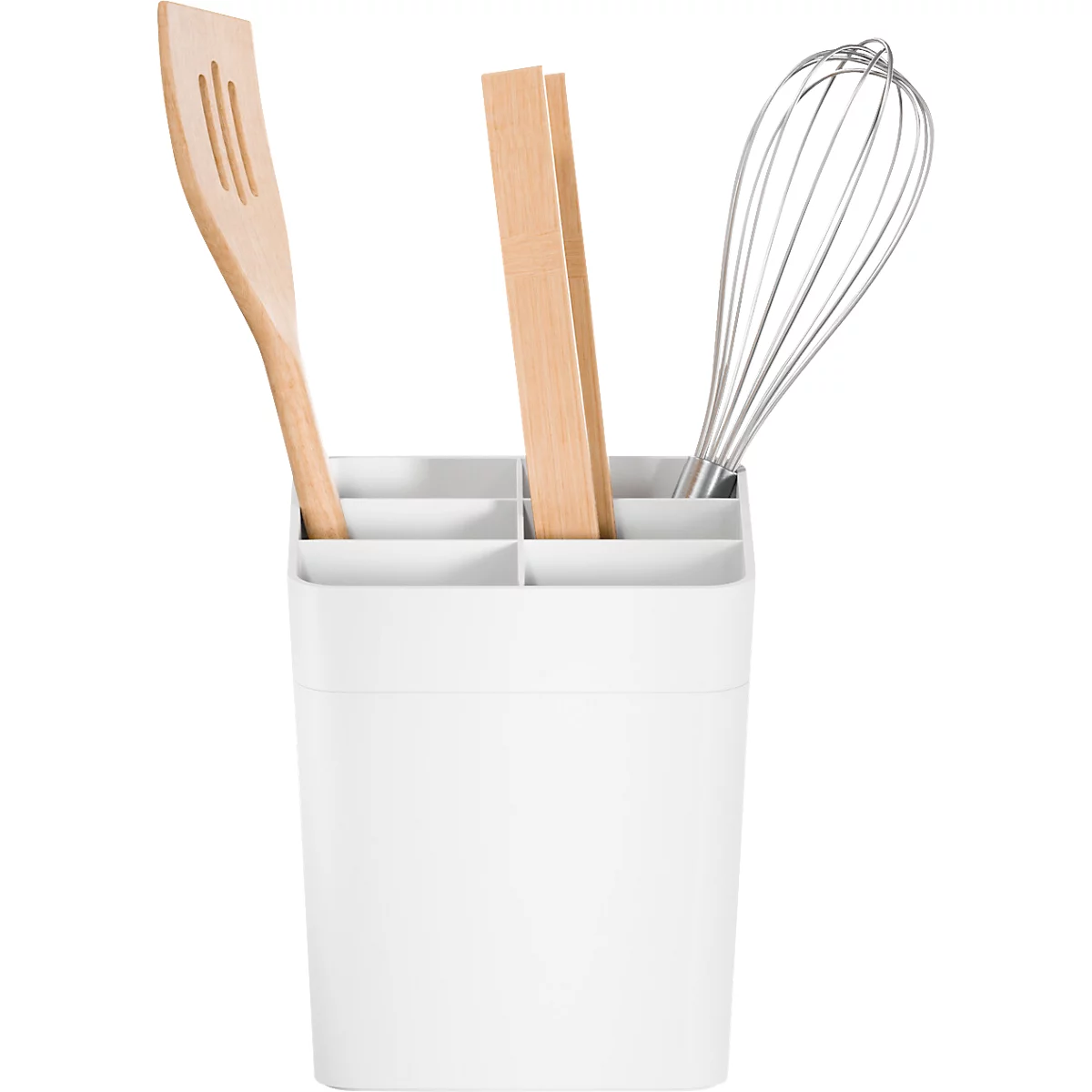 Support à ustensiles de cuisine blanc avec spatule, pince et fouet.