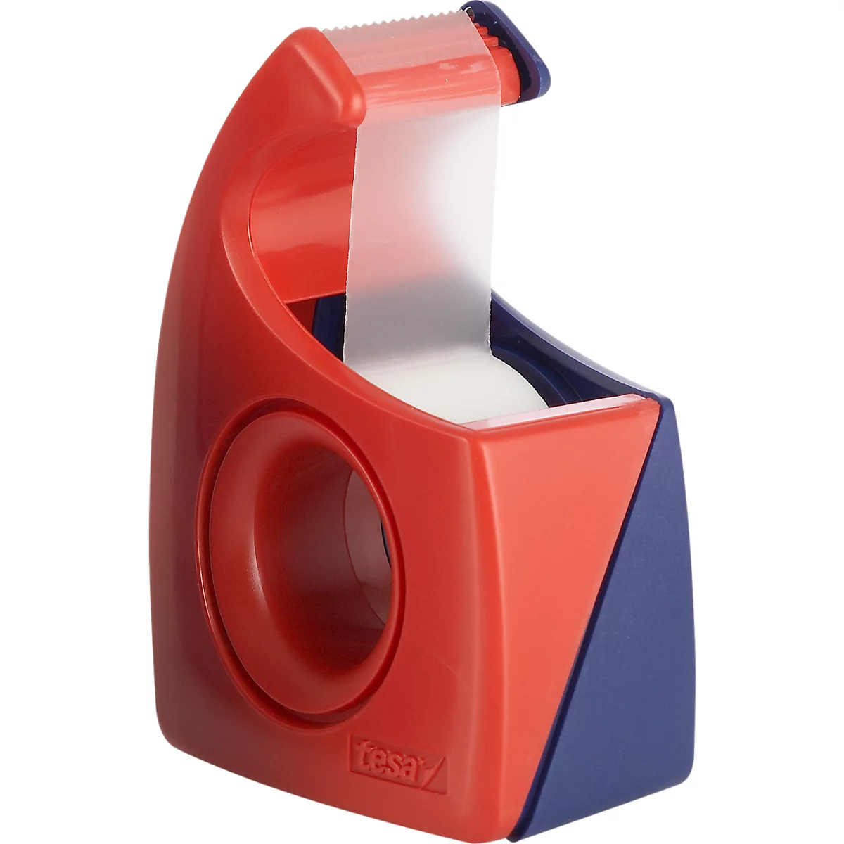 A red and blue tape dispenser with tape being pulled out.