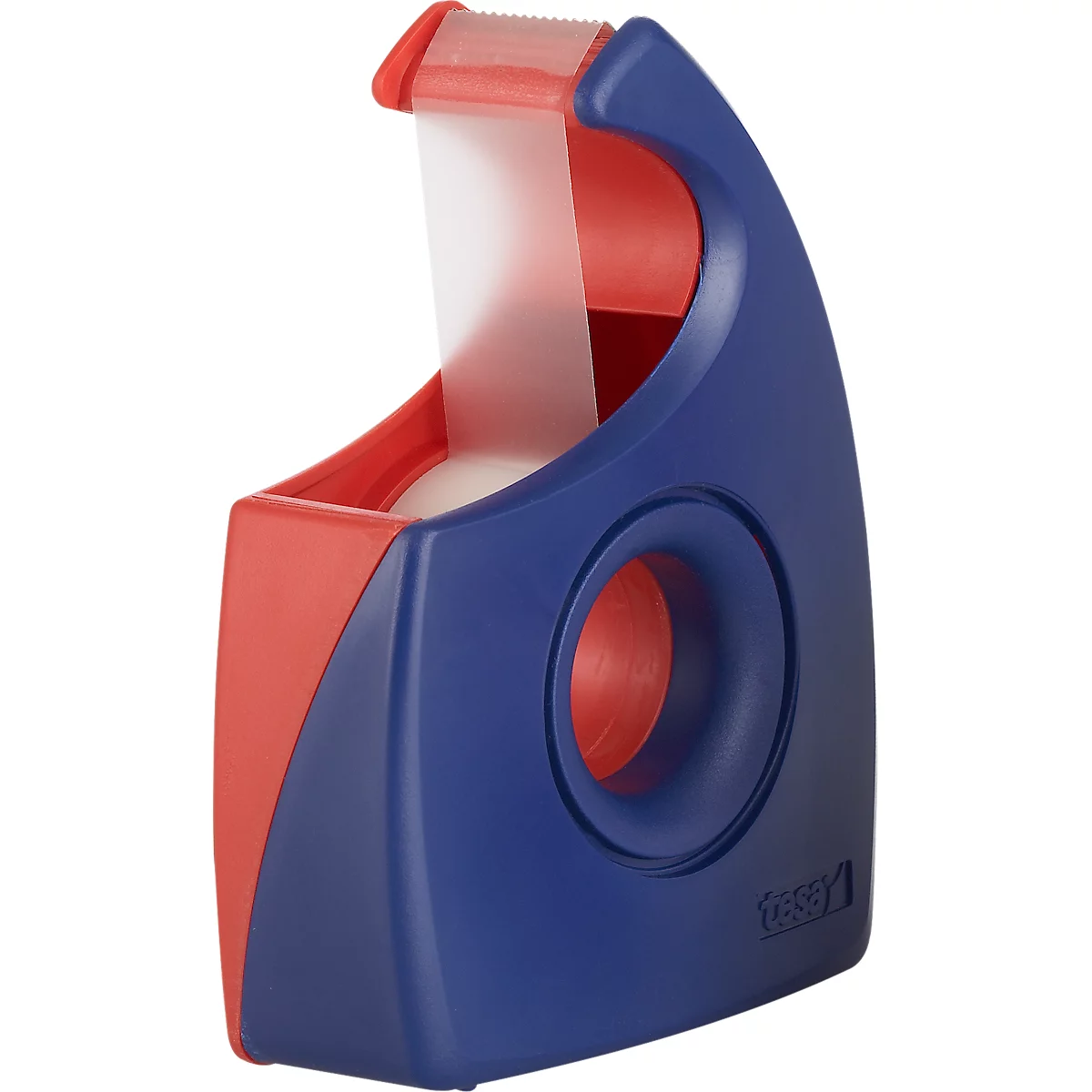 Blue and red tape dispenser with transparent tape.