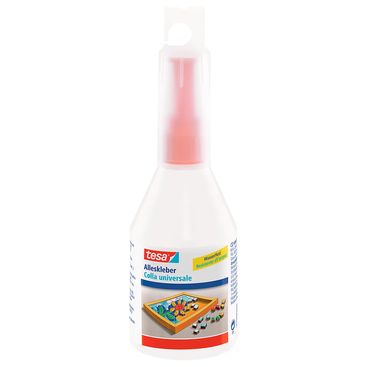 Eine weiße Klebstoffflasche von Tesa. Aufschrift: Alleskleber, Colla universale.