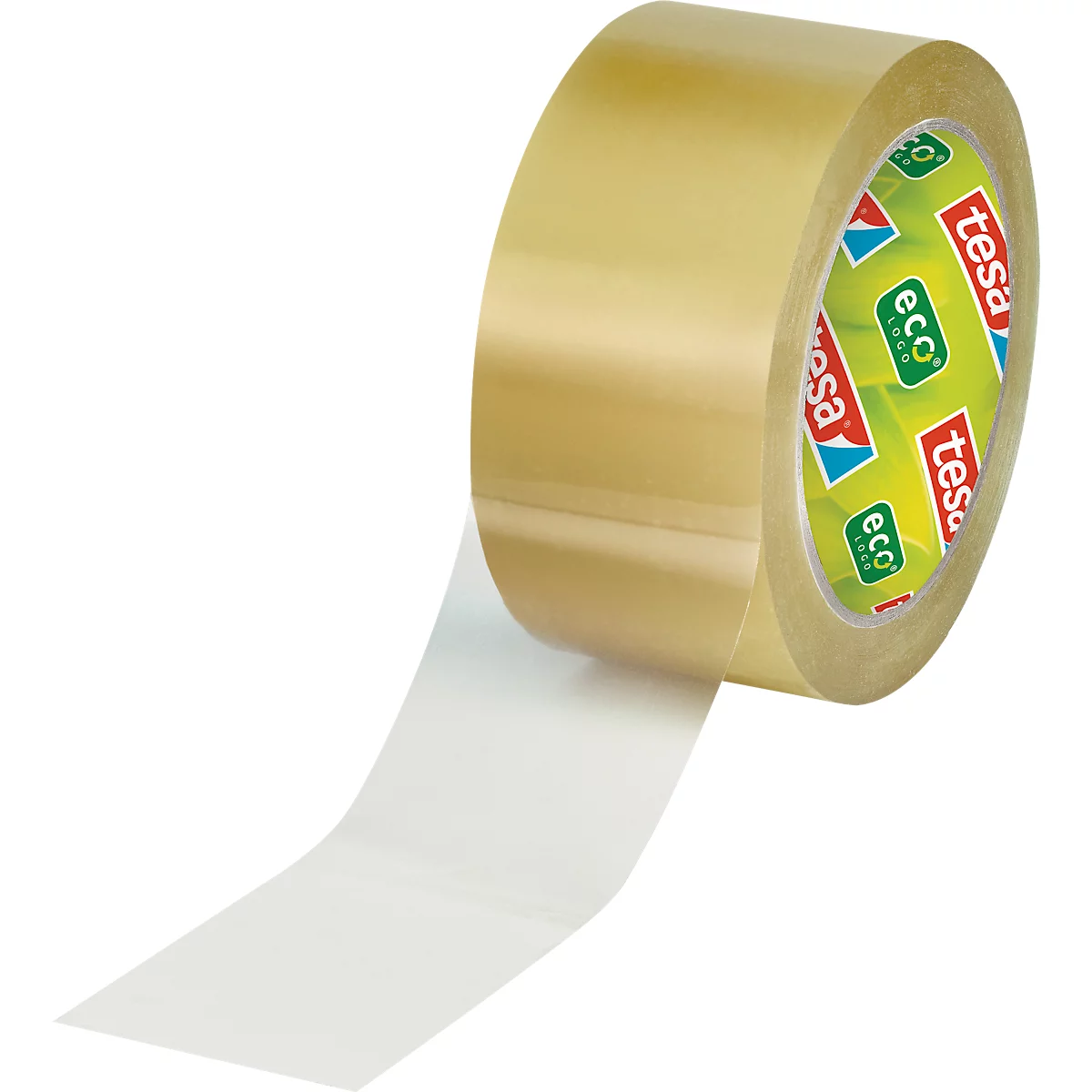 Tesa tape roll partially unrolled. Transparent adhesive tape with the manufacturer's logo.