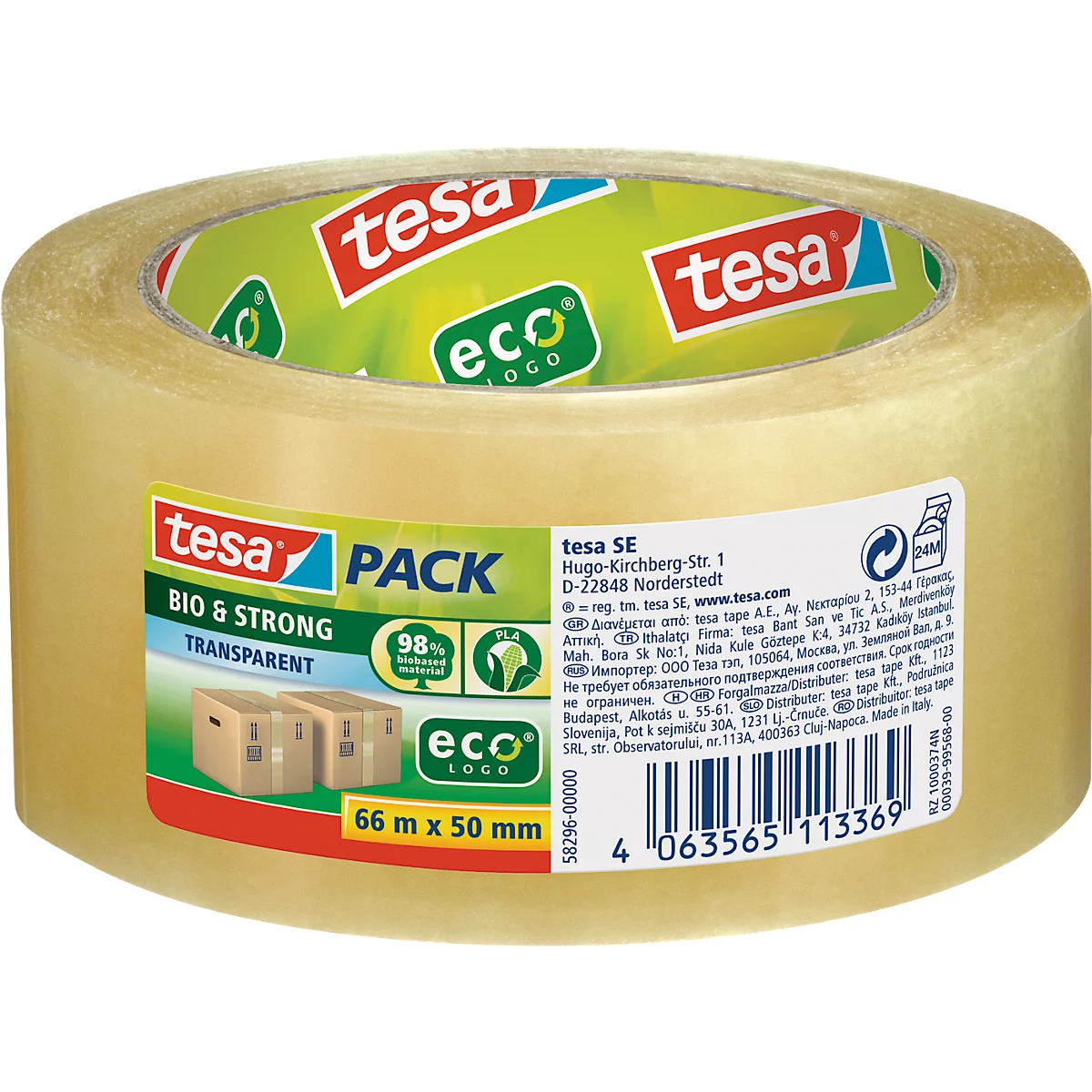 Roll of transparent tape, Tesa brand, labeled BIO & STRONG and eco logo.
