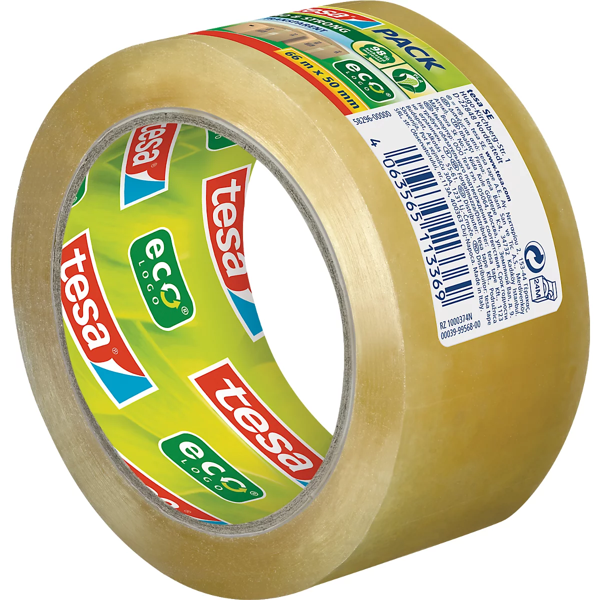 Roll of Tesa adhesive tape, partially unwound. Prints with logo, product information and barcode.