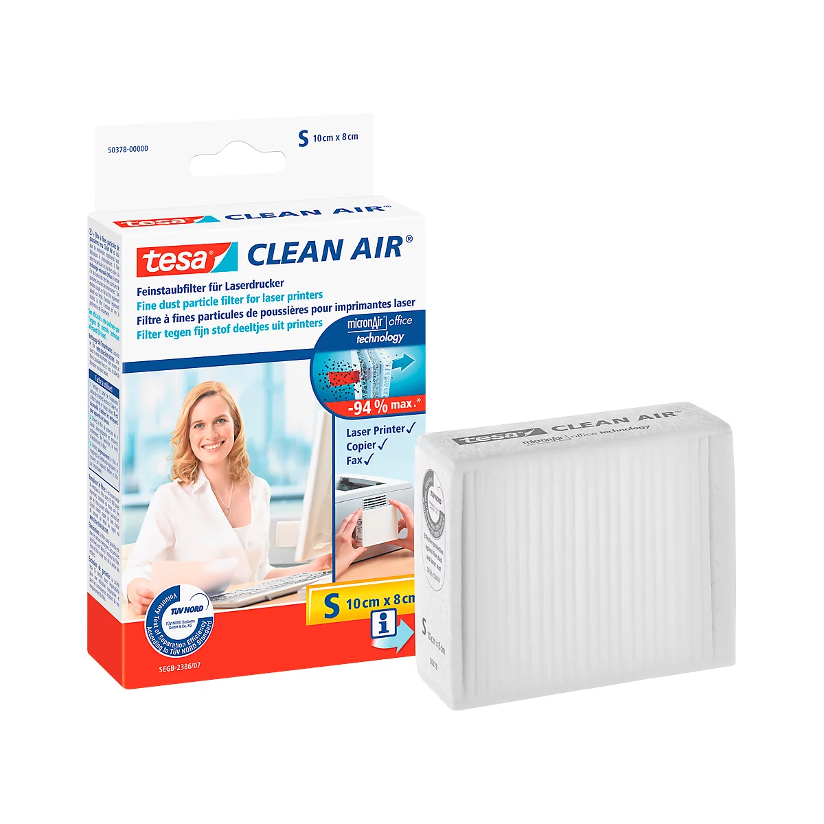 Tesa Clean Air filter. A filter and product packaging with a woman at a computer. Both products are bright white with blue and red accents.