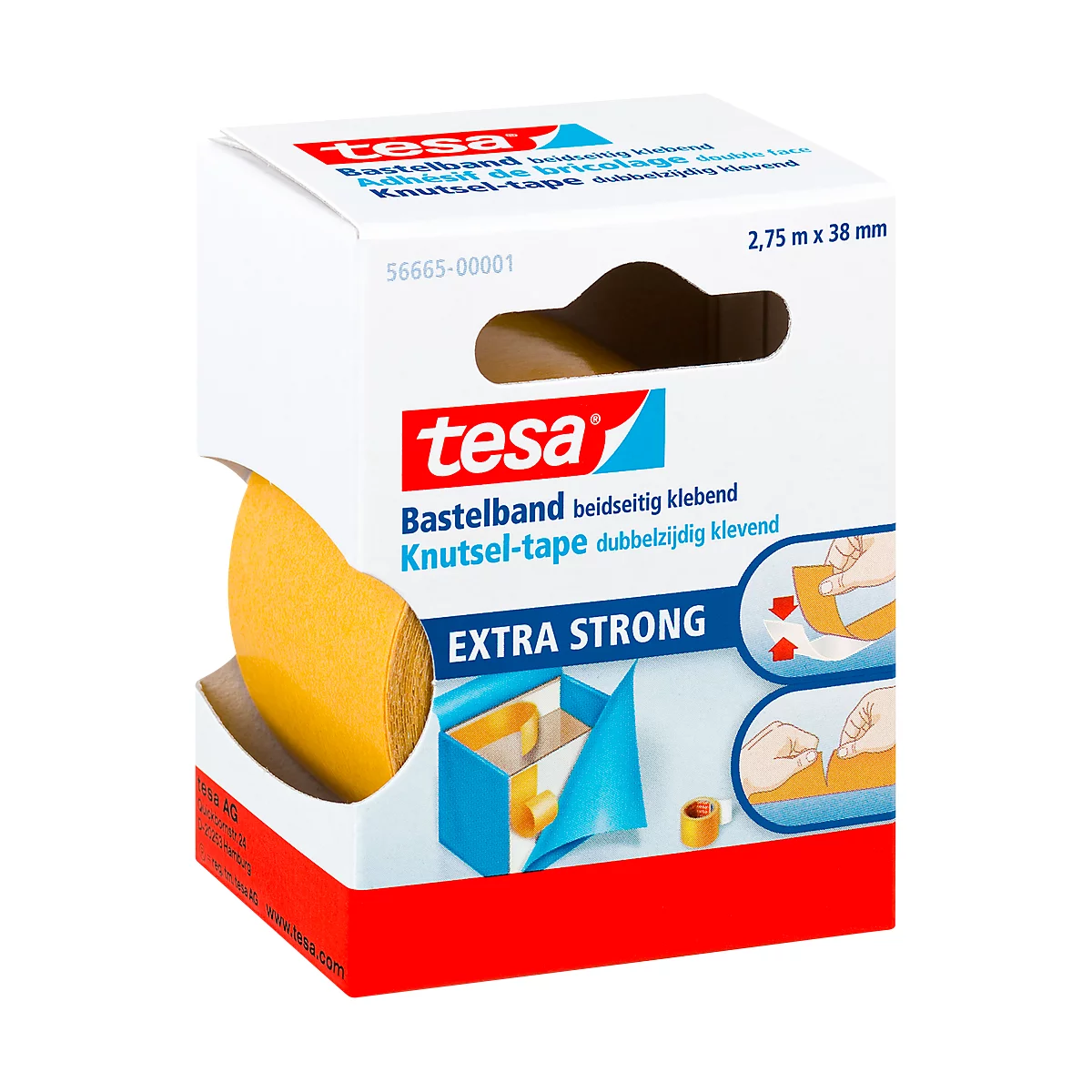 A package of double-sided adhesive tape from the brand Tesa. Prints show the product name and details. Yellow adhesive tape is visible.