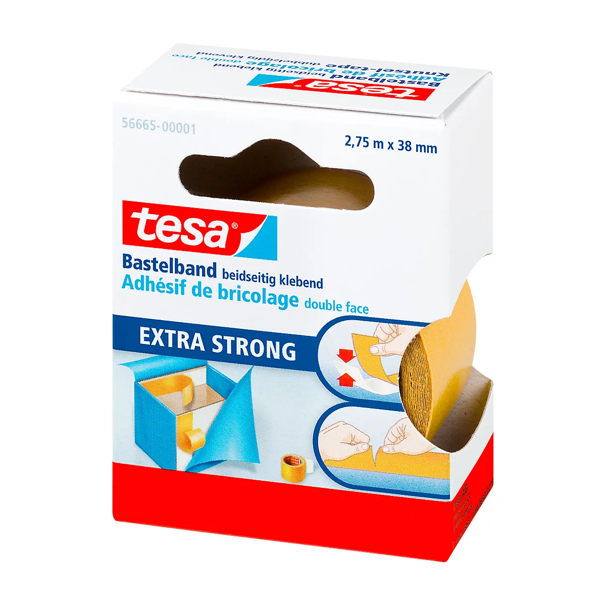 White cardboard packaging with 'tesa Bastelband' print. Details show a tape and its application. Text: EXTRA STRONG.