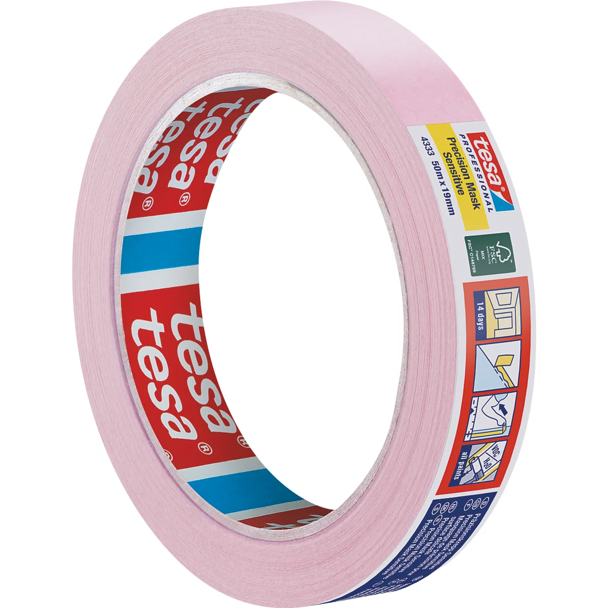 Rouleau de ruban de masquage rose clair avec impression du produit.