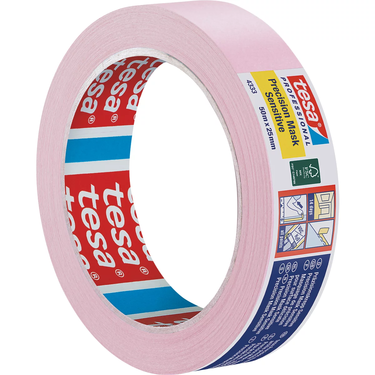 Ruban de masquage de précision tesa rose clair. Le rouleau affiche le nom de la marque et les informations sur le produit.