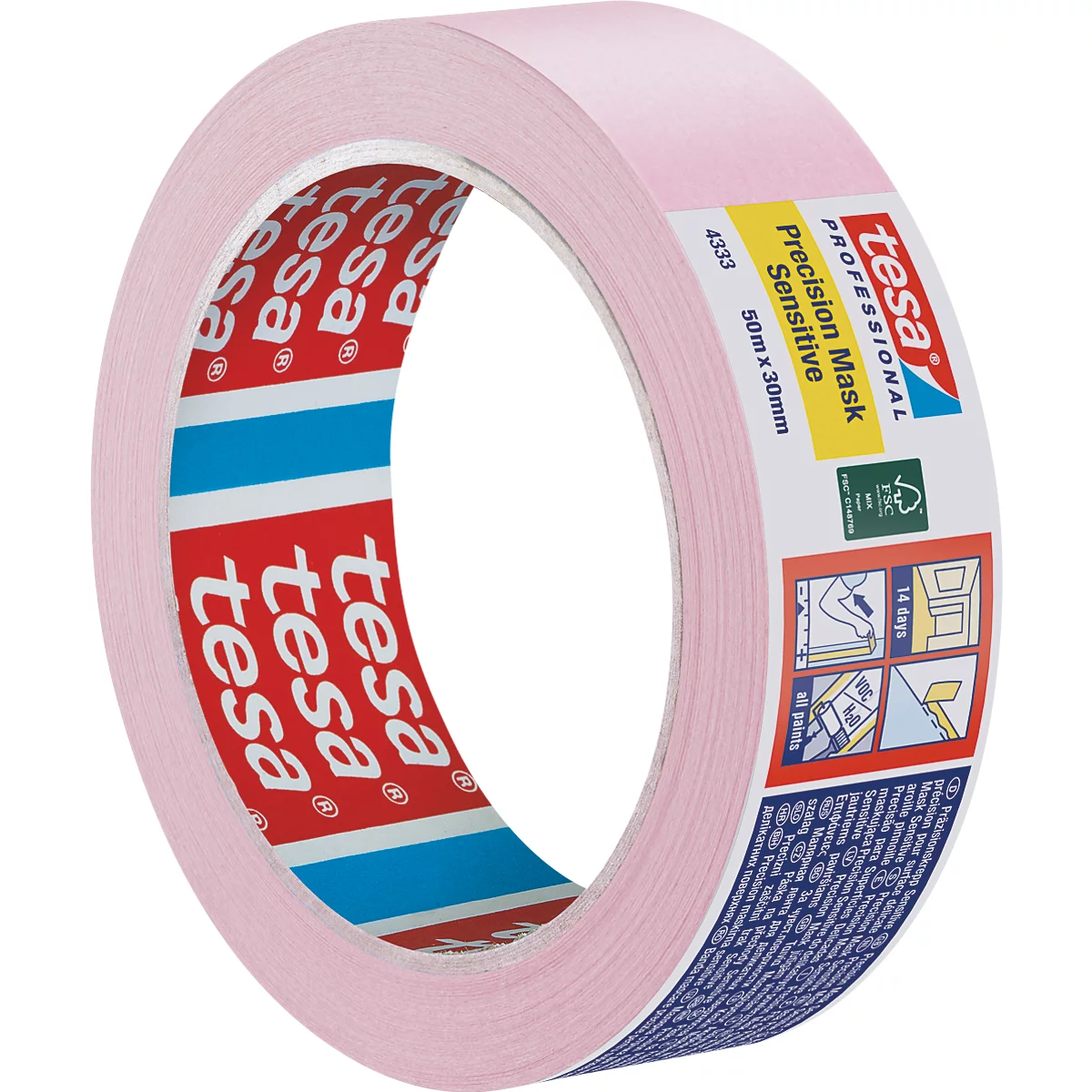 Rouleau de ruban de masquage rose clair avec impression du produit, "tesa Professional Precision Mask Sensitive".