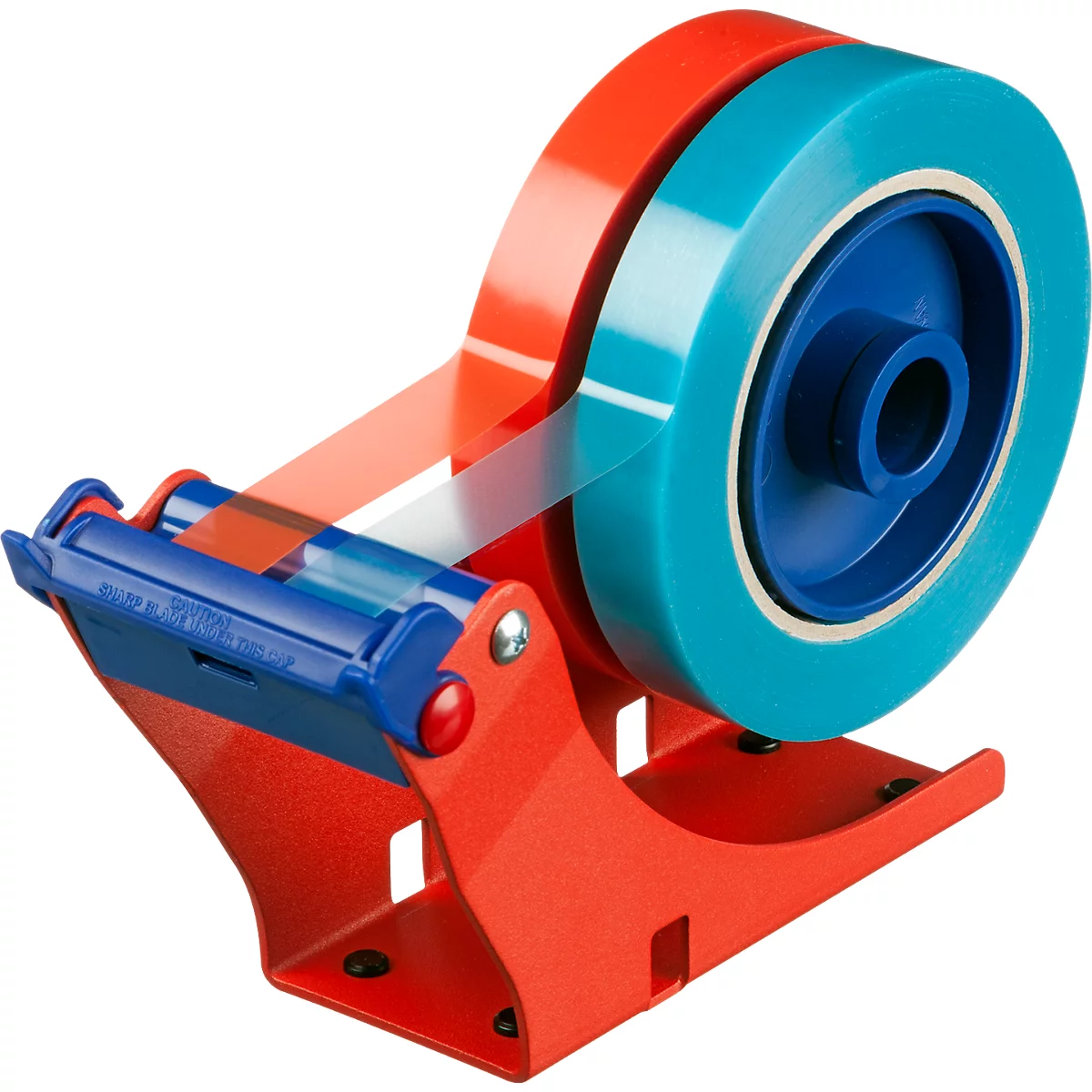 tesa® Dévidoir de table 6012, pour 2 rouleaux jusqu'à Ø 145 x L 25-50 mm, protège-lame, L 175 x L 67 x H 130 mm, métal, rouge-bleu
