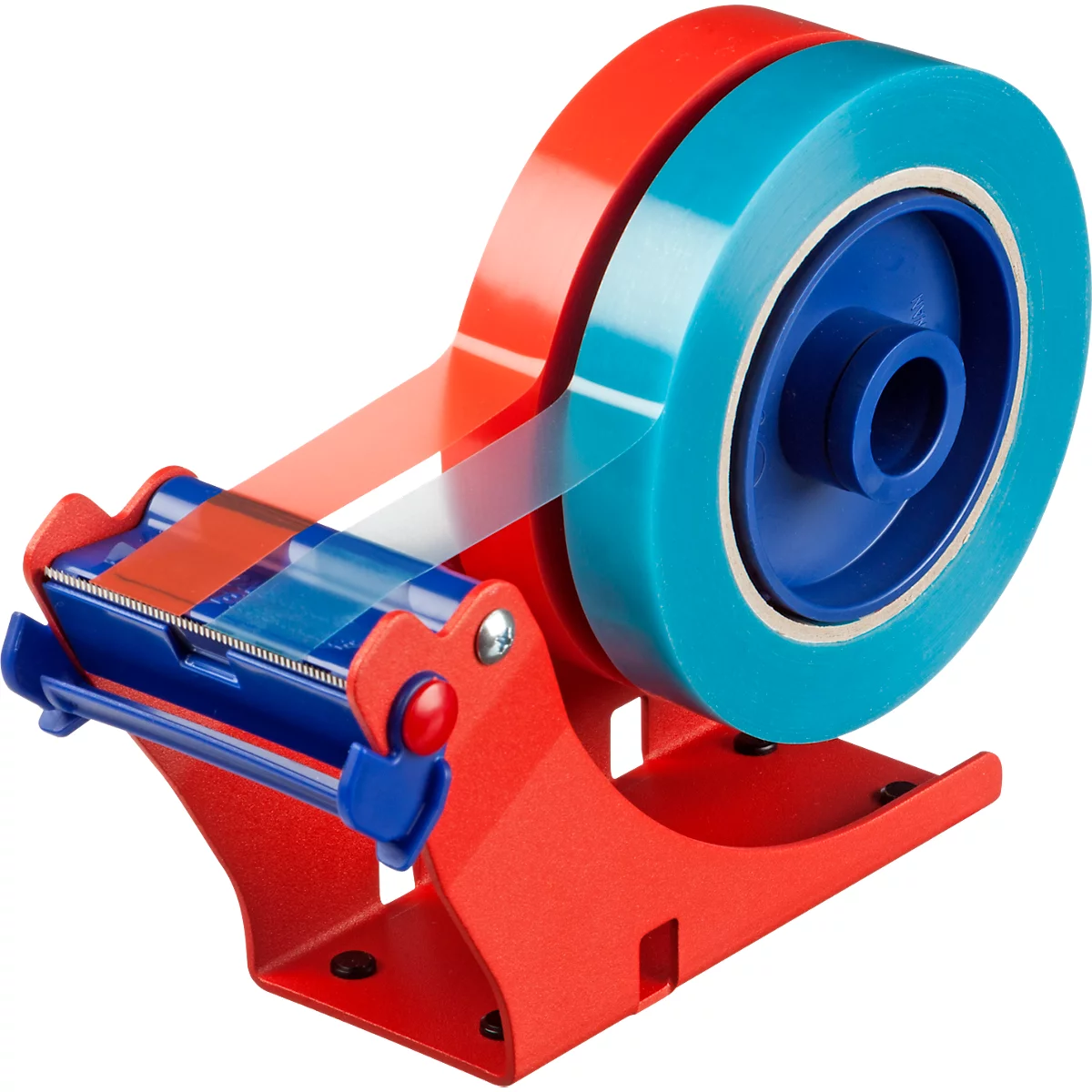 tesa® Dévidoir de table 6012, pour 2 rouleaux jusqu'à Ø 145 x L 25-50 mm, protège-lame, L 175 x L 67 x H 130 mm, métal, rouge-bleu