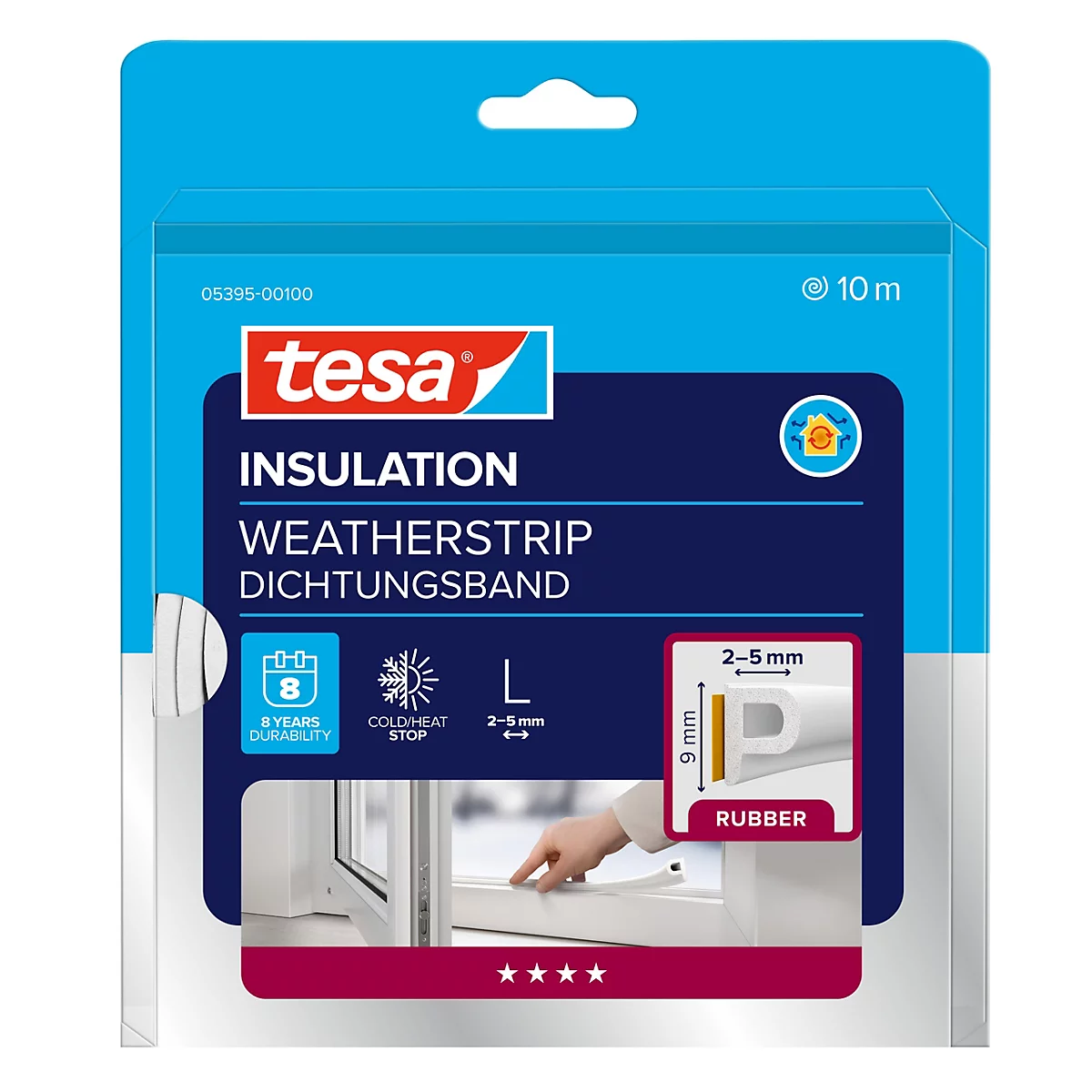 Tesa Dichtungsband für Fenster, 10m Rolle, Profil L für 2-5mm Spaltmaß, langlebiges Gummiprofil.