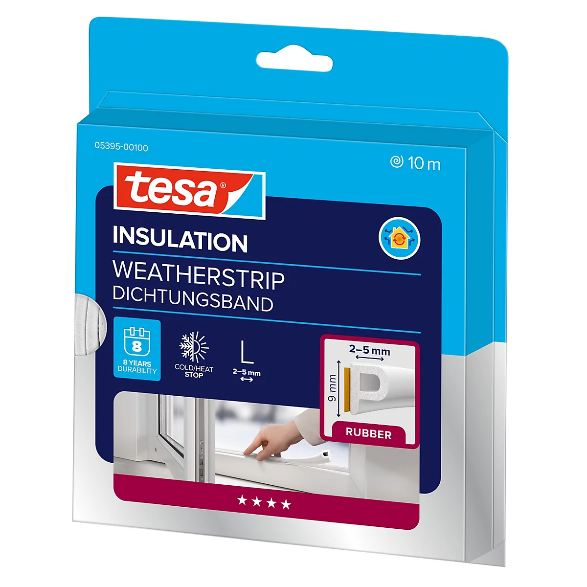 Tesa Dichtungsband für Fenster in blauer Verpackung mit Details zu Maßen und Haltbarkeit.