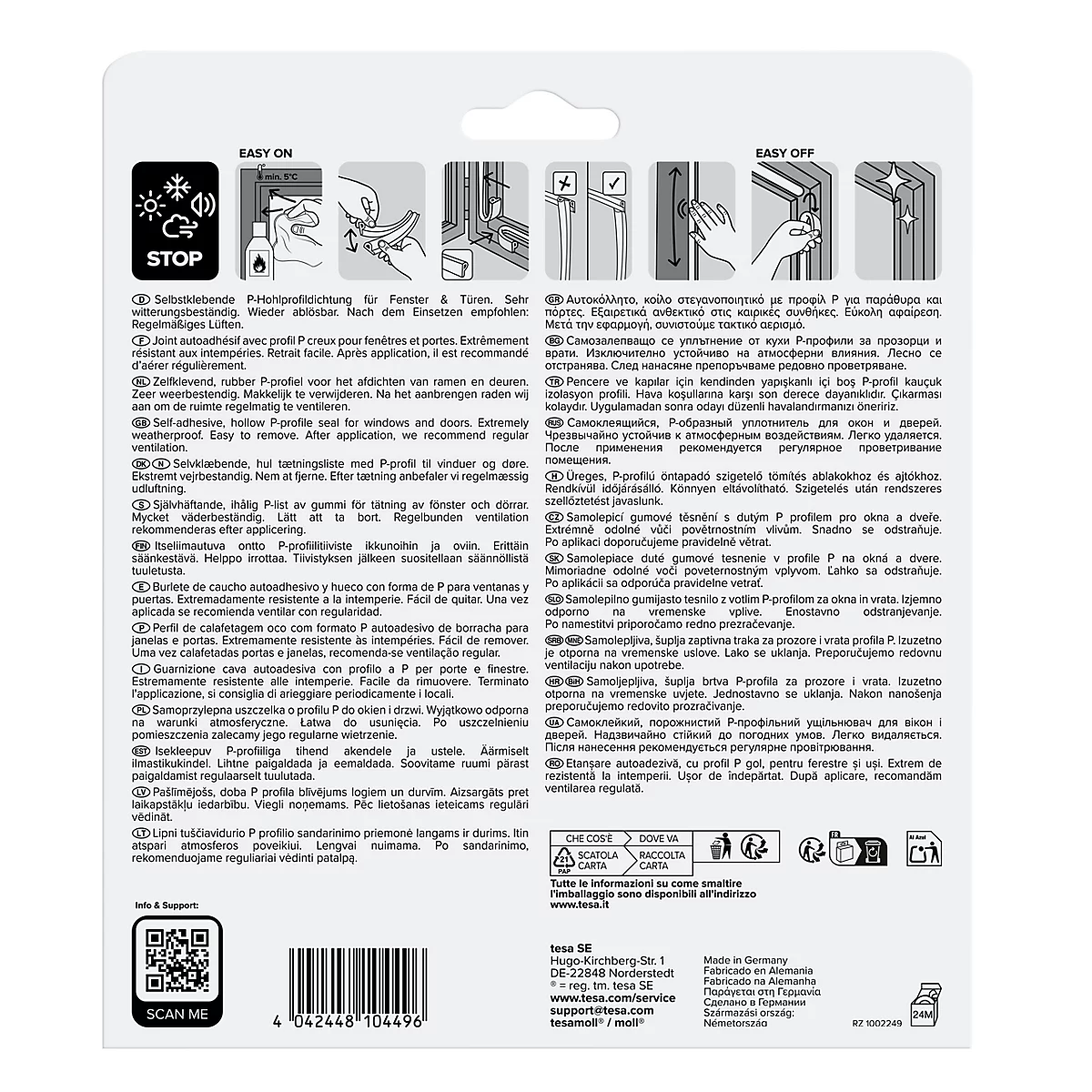 Rückseite einer tesa-Verpackung für P-Profil-Dichtungen mit Montageanleitung, Warnsymbolen und Barcode.