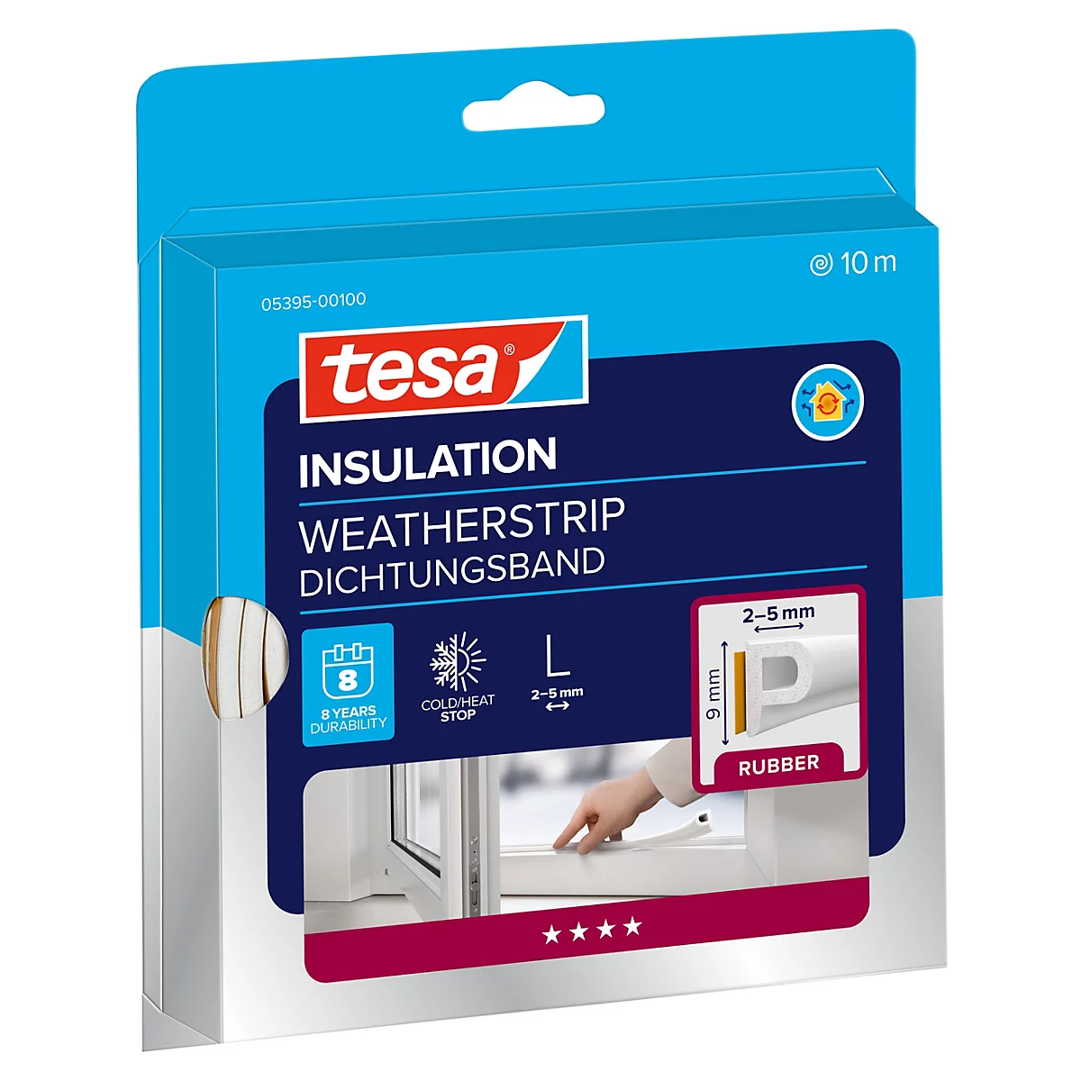 Tesa Dichtungsband Verpackung mit Informationen zu 10m Länge und P-Profil für Spalten von 2-5mm.