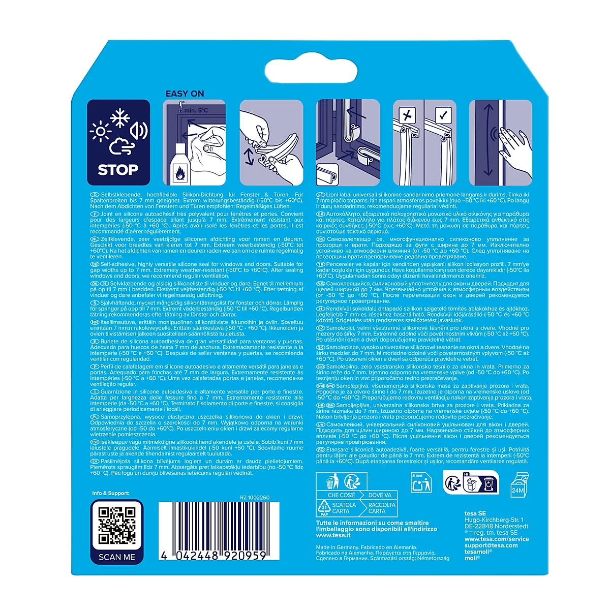 Rückseite einer Produktverpackung für Silikon-Dichtungen mit Montageanleitung und Anwendungssymbolen.