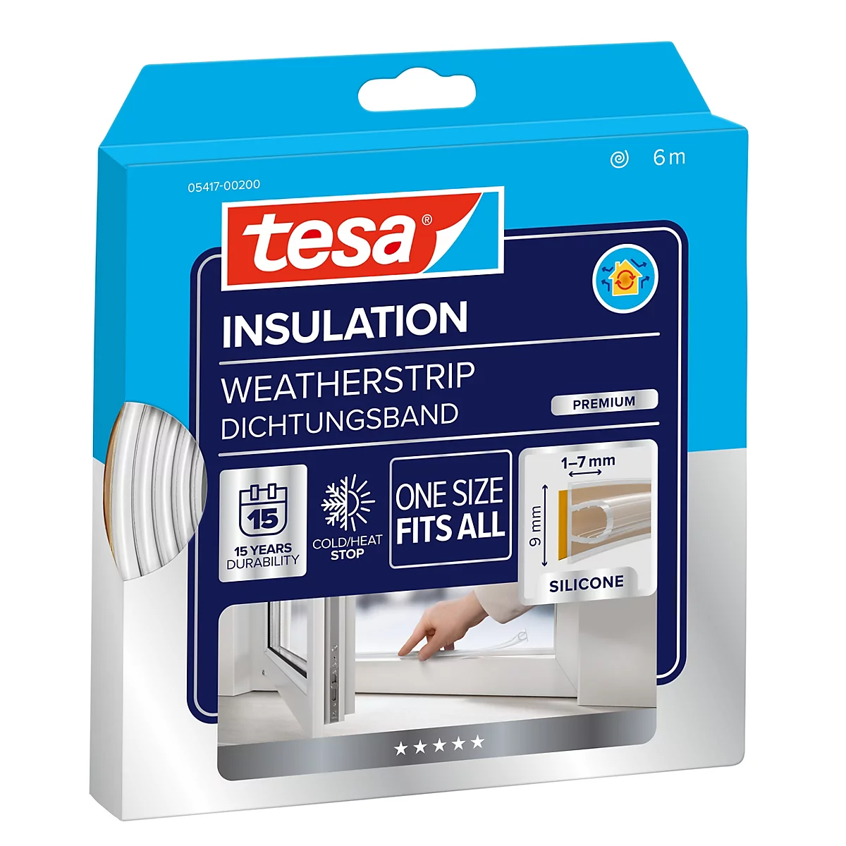 Tesa Premium Dichtungsband für Fenster und Türen in blauer Verpackung mit Anwendungshinweisen.