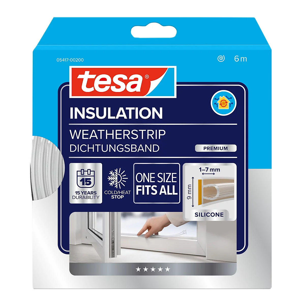 Tesa Premium Dichtungsband Verpackung mit Informationen zu 15 Jahren Haltbarkeit und Anwendung am Fenster.