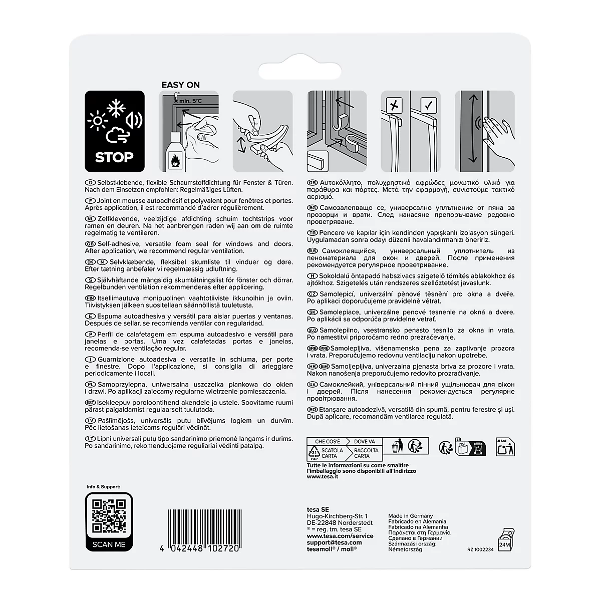 Rückseite einer Produktverpackung für Fenster- und Türdichtungen mit bebilderten Anwendungshinweisen und Text.