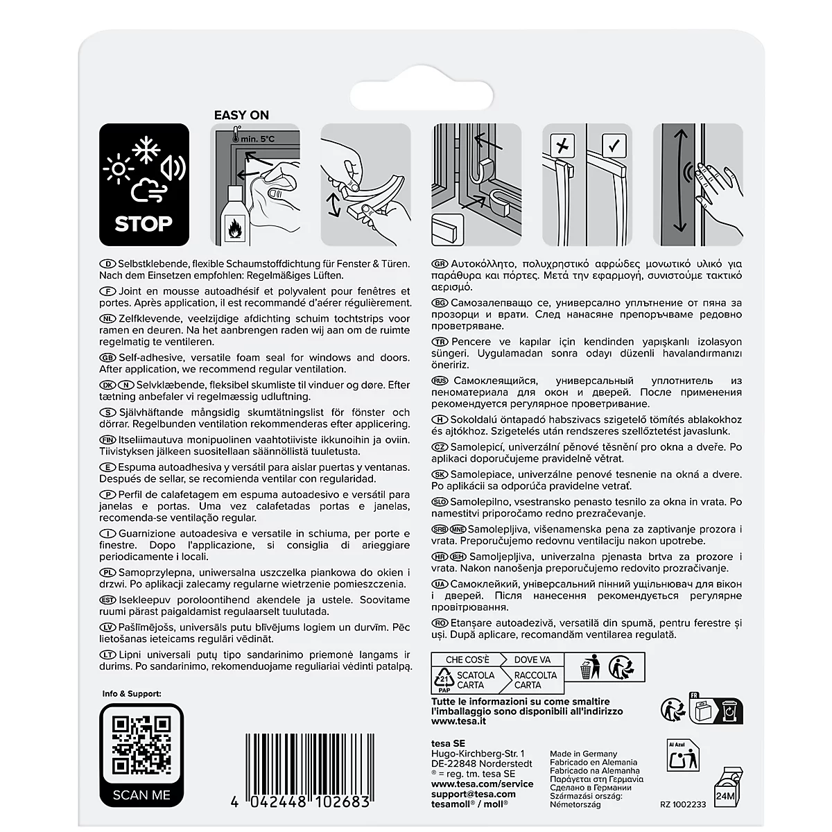 Rückseite einer Produktverpackung für Fenster- und Türdichtungen mit Gebrauchsanweisung und QR-Code.