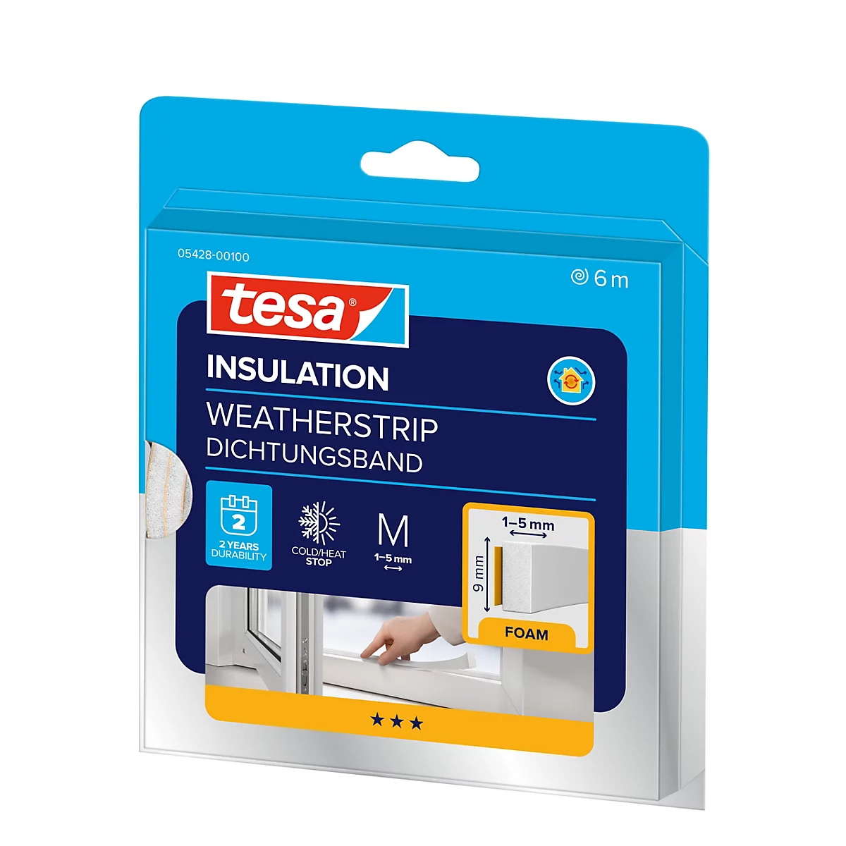 Tesa Dichtungsband Verpackung in Blau und Weiß mit Produktinformationen und Anwendungsbeispiel am Fenster.