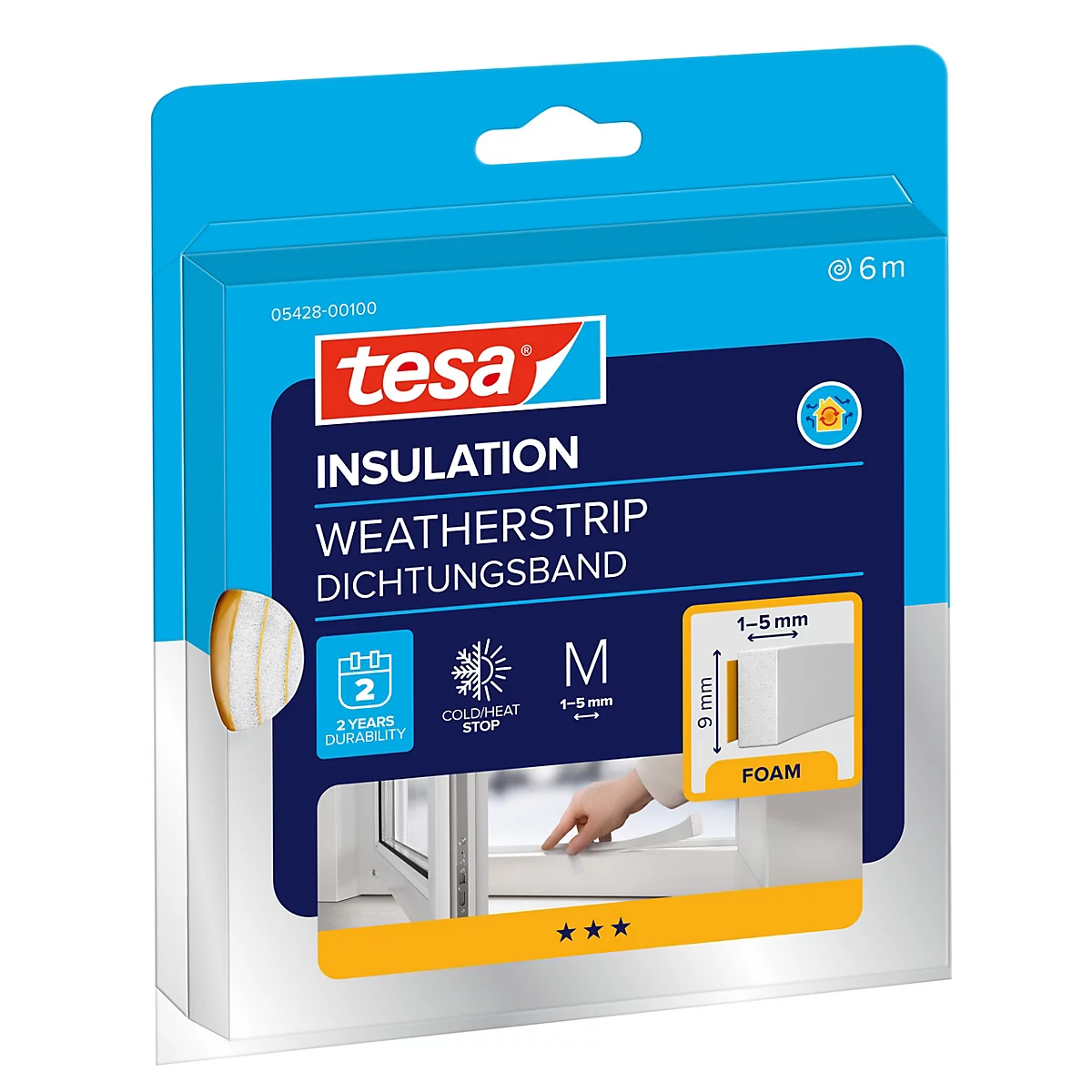 Tesa Dichtungsband auf Schaumstoffbasis in blauer Blisterverpackung für Fensterabdichtung.