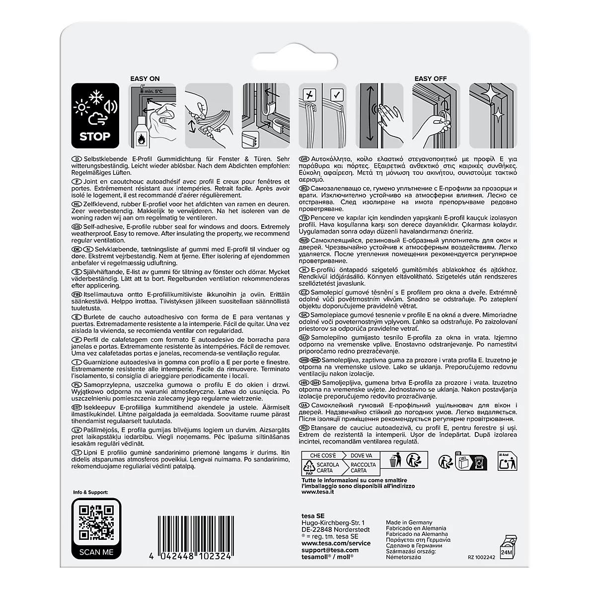 Rückseite einer Produktverpackung für eine E-Profil Gummidichtung mit Montageanleitung und QR-Code.