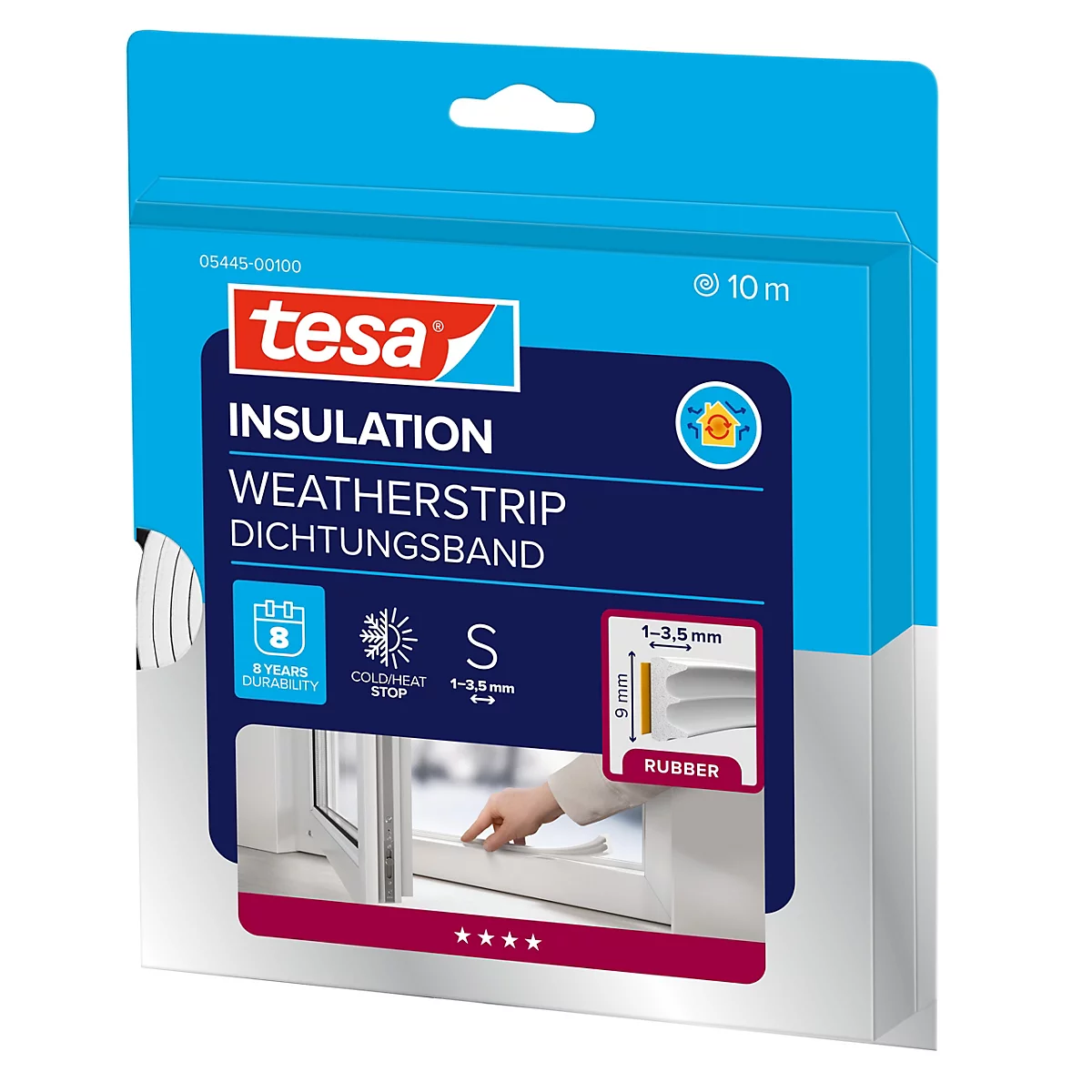 Tesa Dichtungsband Verpackung mit Produktinformationen und Anwendungsbeispiel am Fenster.