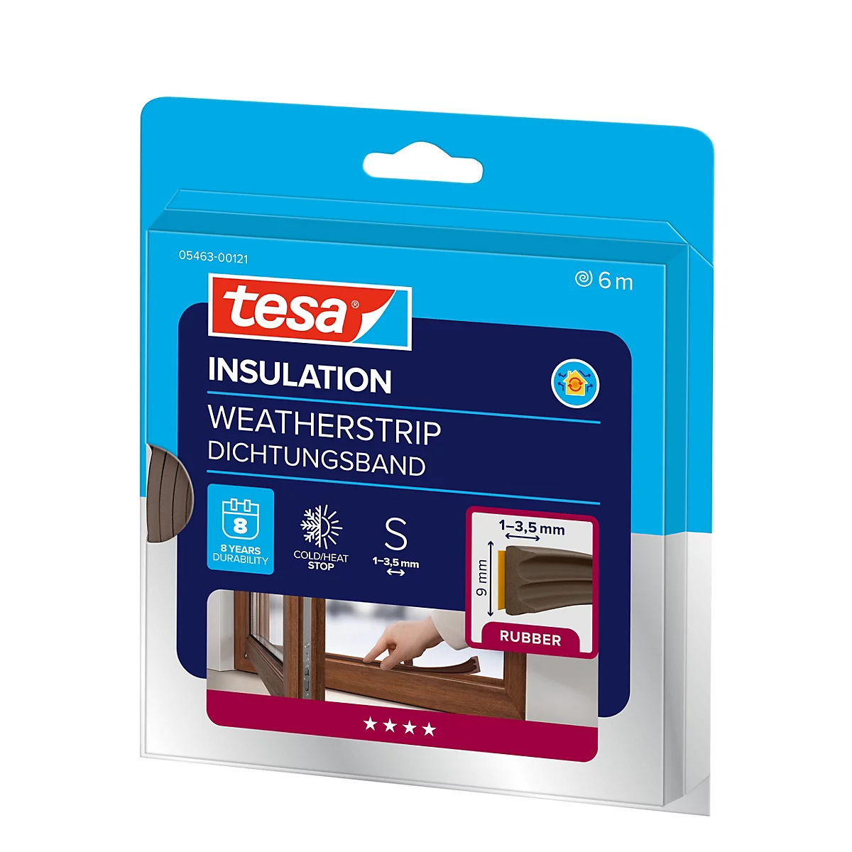 Tesa Dichtungsband auf einer blauen Produktverpackung mit Abbildung der Anwendung an einem Fenster.