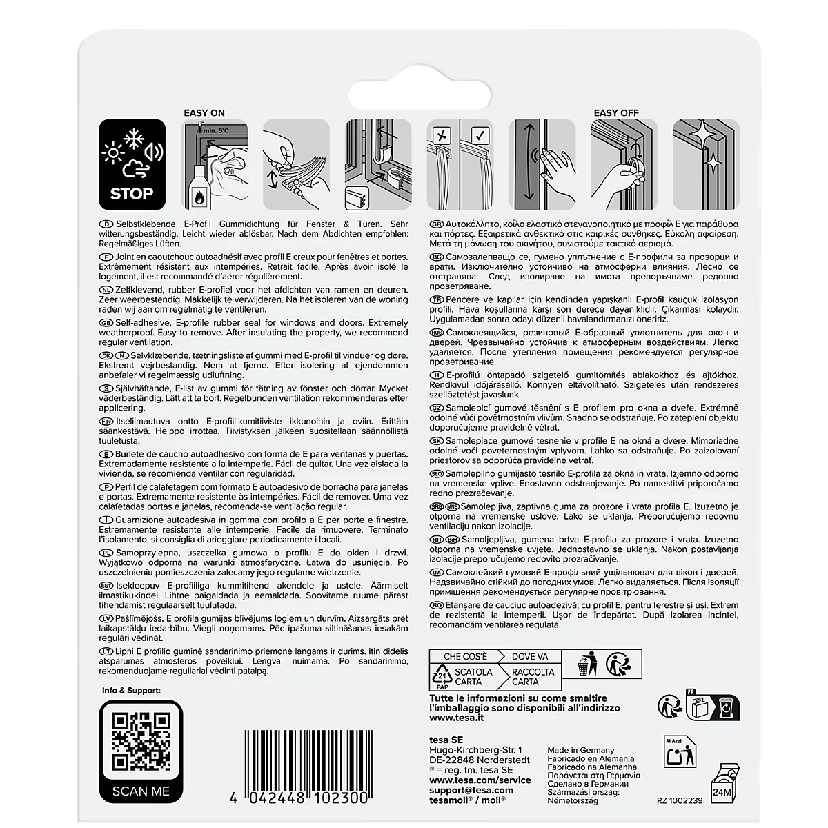 Rückseite einer Produktverpackung für E-Profil Gummidichtungen mit Anleitungsbildern und mehrsprachigen Hinweisen.