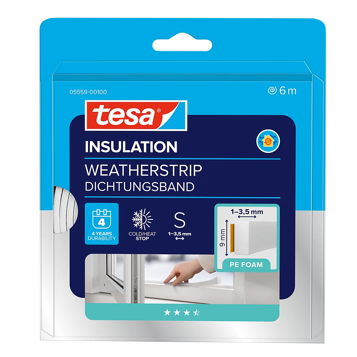Tesa Dichtungsband auf einer blauen Produktverpackung mit Abbildung der Anwendung an einem Fenster.