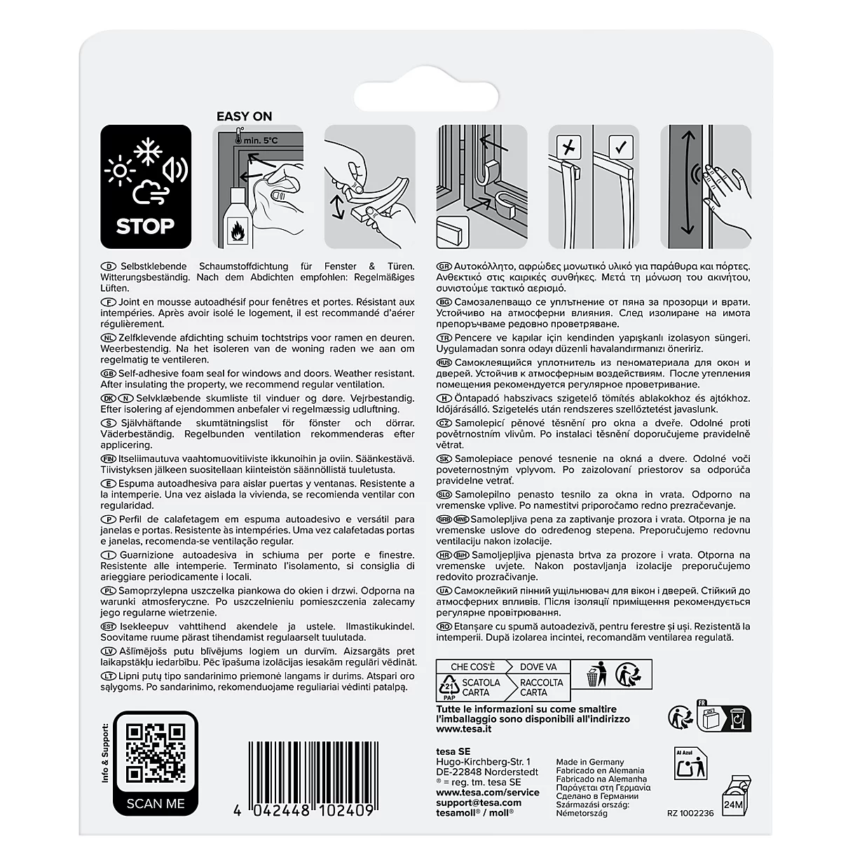 Rückseite einer Produktverpackung für Fensterdichtungen mit bebilderten Anwendungshinweisen und mehrsprachigen Texten.