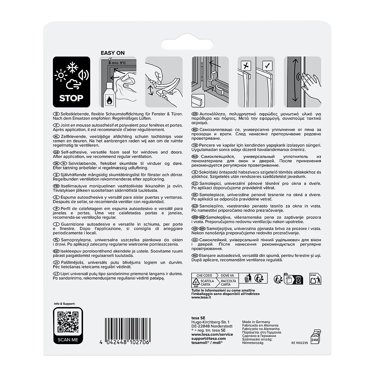 Rückseite einer tesa Produktverpackung mit Anwendungsanleitung für Fenster- und Türdichtungen.