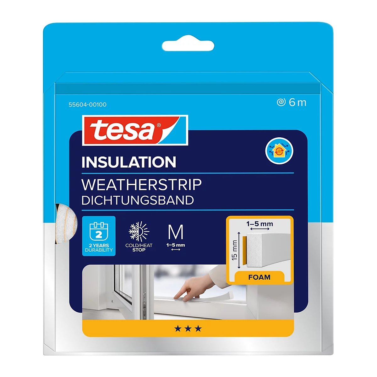 Tesa Dichtungsband für Fenster, Schaumstoff, 6 m Länge, geeignet für Lücken von 1 bis 5 mm.