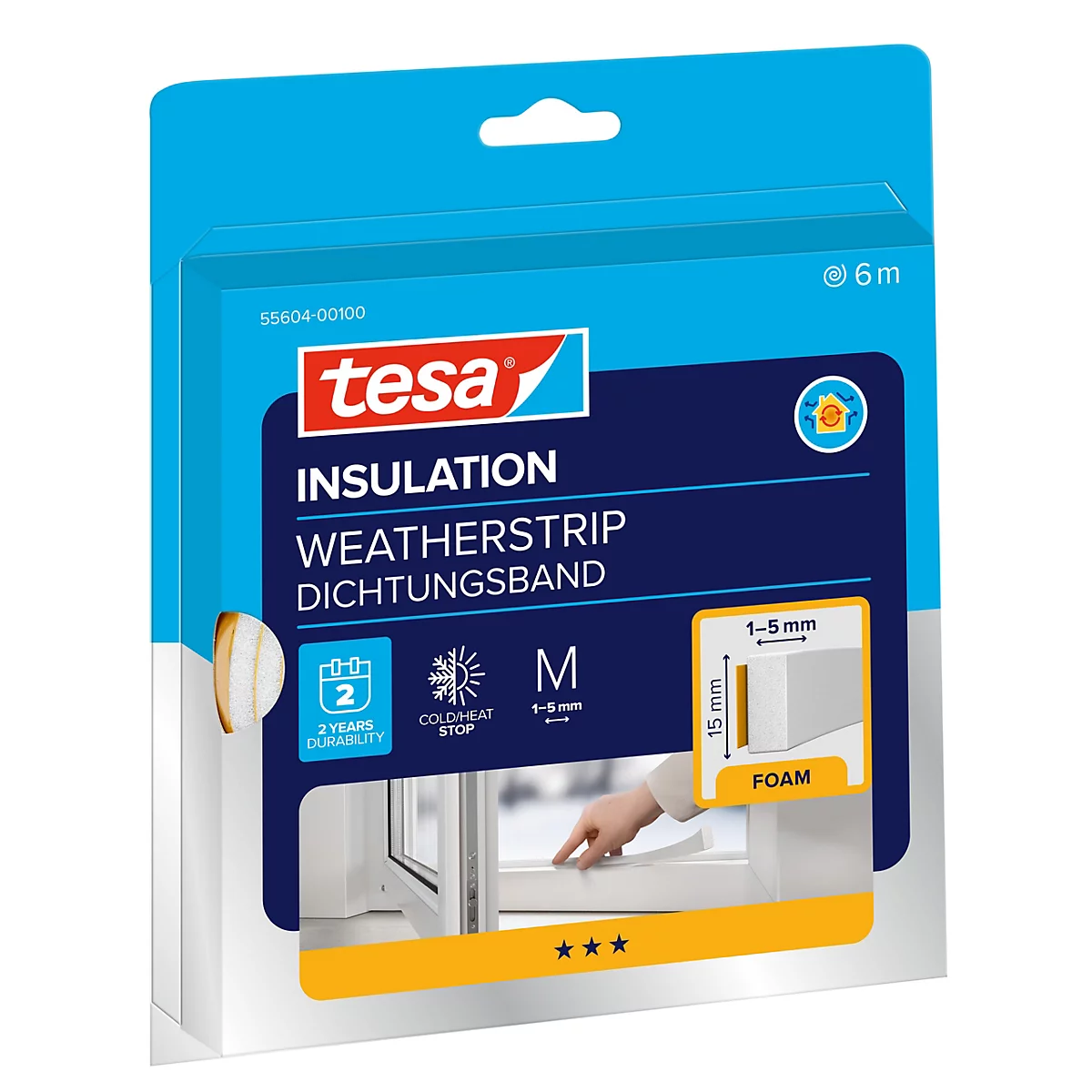 Produktverpackung von tesa Dichtungsband mit Schaumstoff für Spalten von 1 bis 5 Millimetern.
