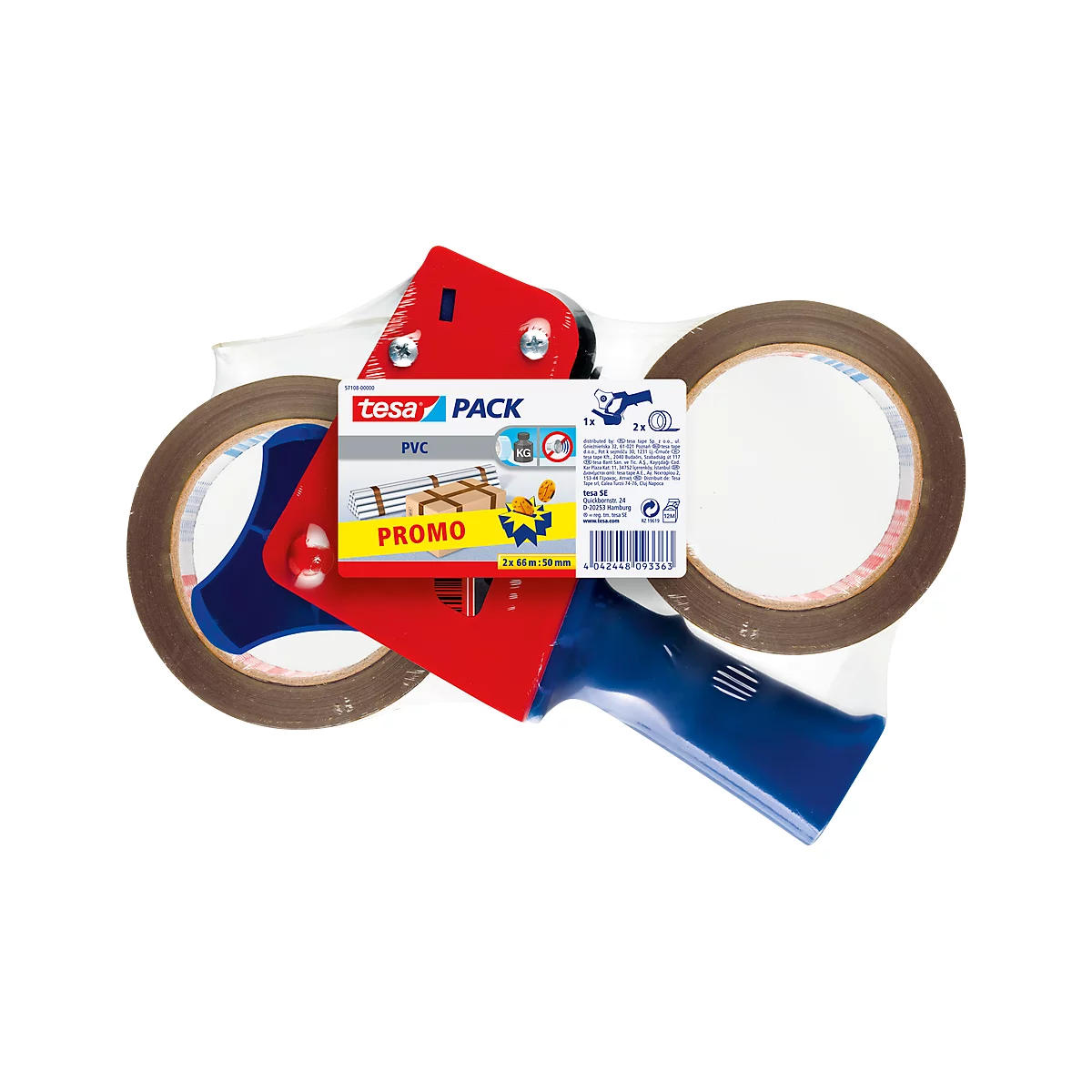 A packaged Tesa tape set with dispenser, tape rolls and PVC label.