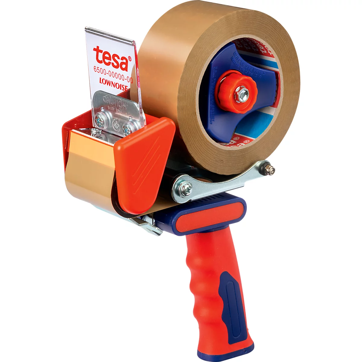 Tape dispenser, oranje-blauw met bruine tape rol.